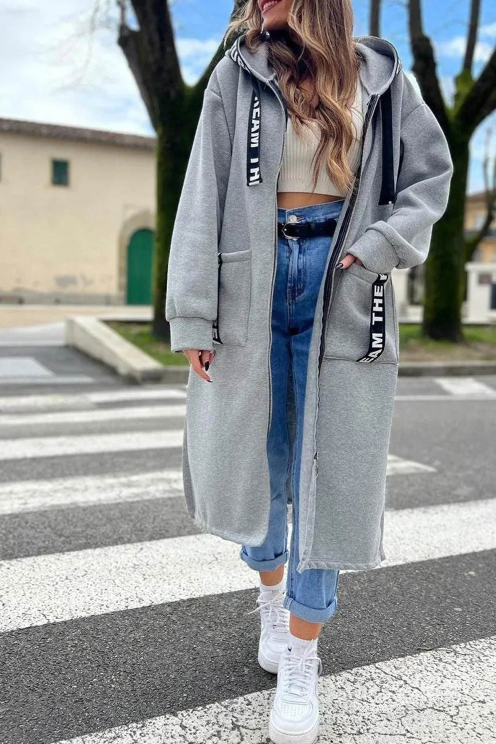 Letter Drawstring Slit Long Hoodie