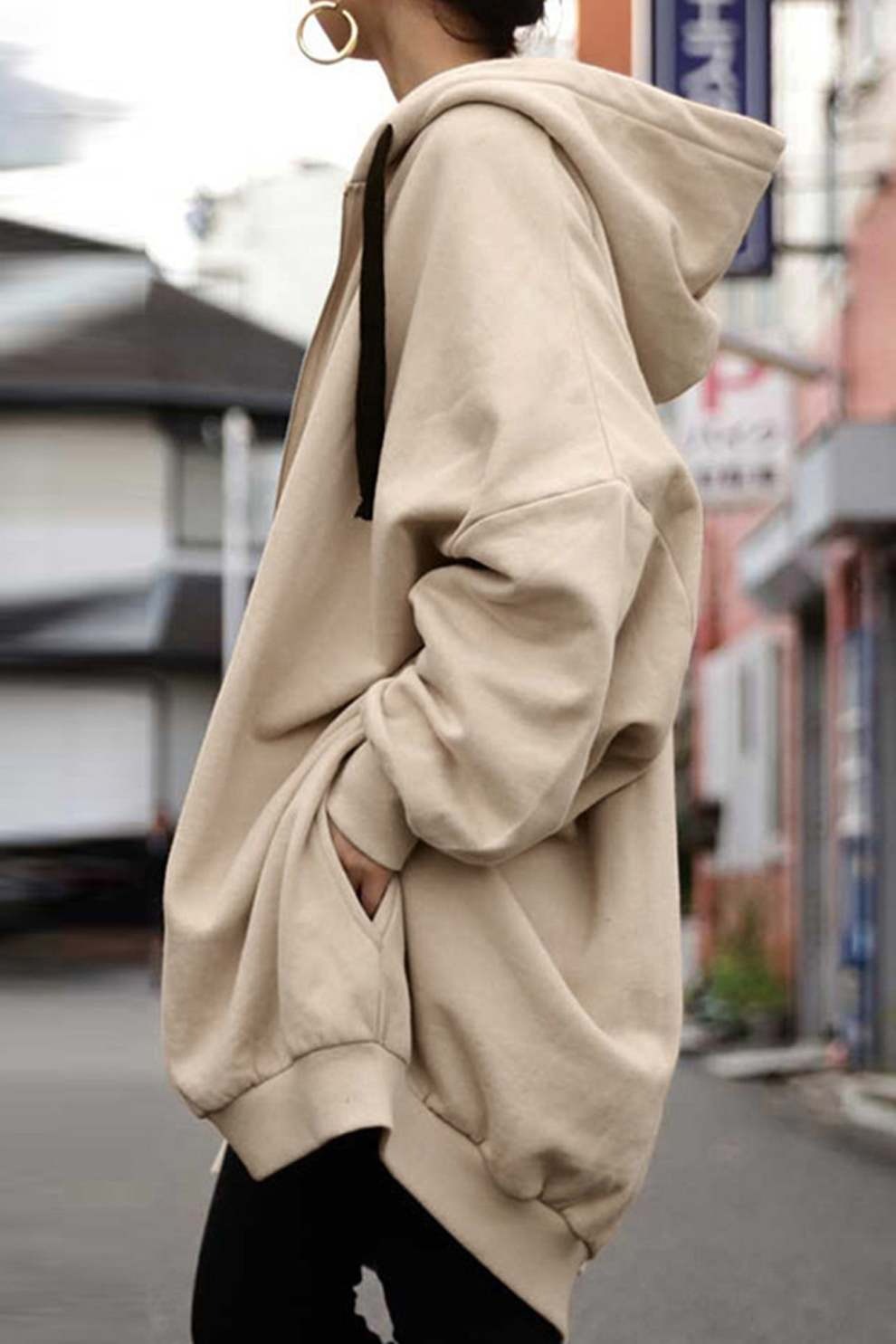 Solid Color Oversized Mid-length Hoodie