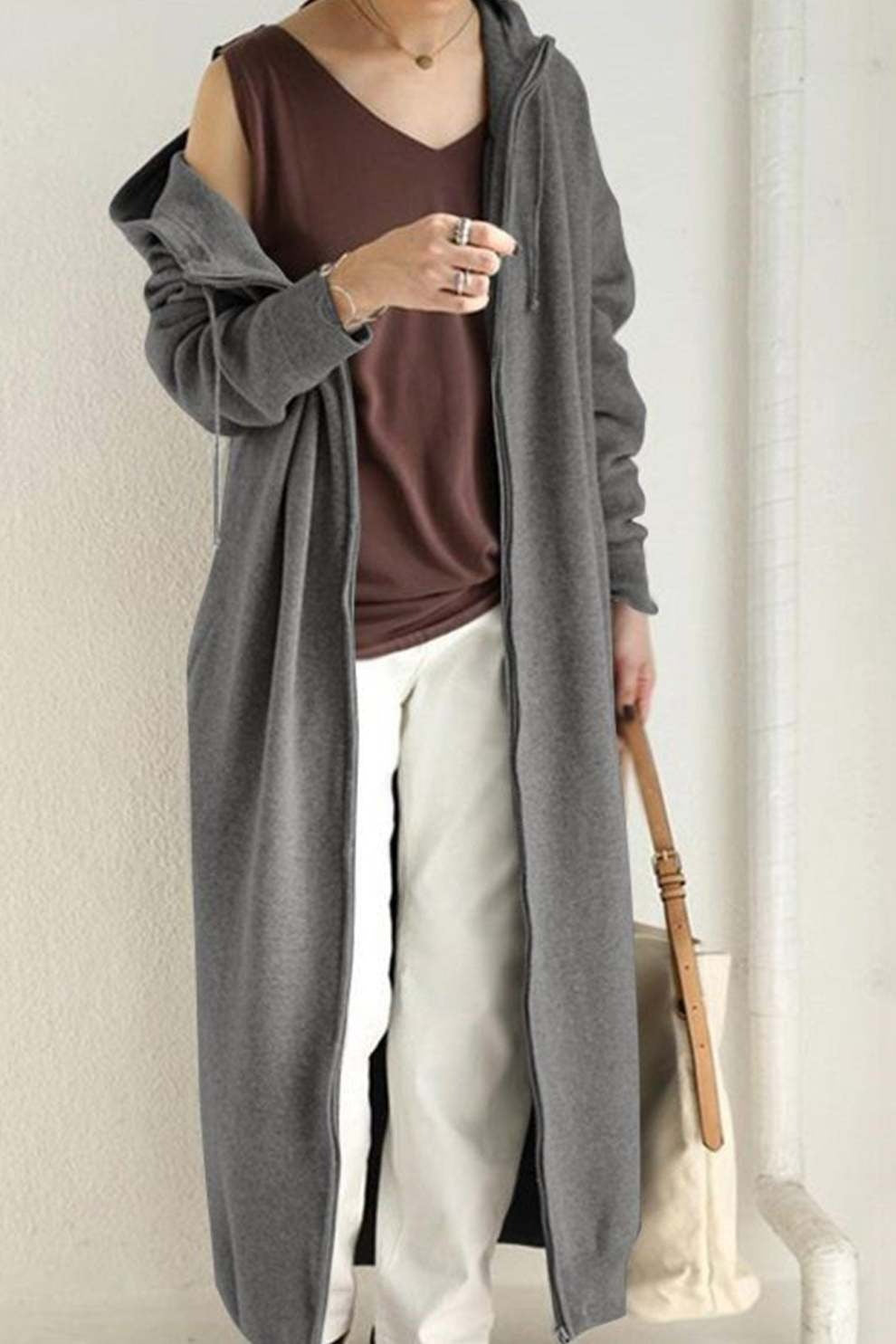 Solid Color Zip-up Oversized Long Hoodie