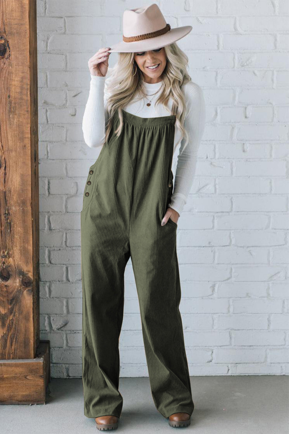 Solid Color Pocketed Corduroy Overall