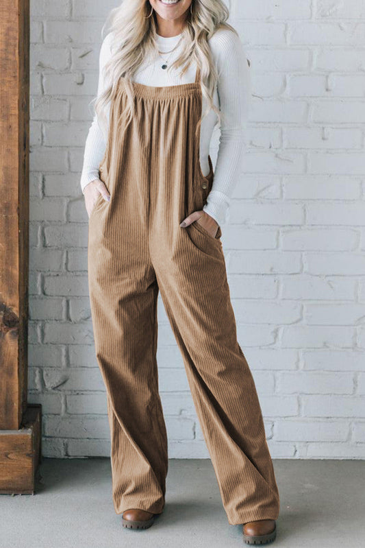 Solid Color Pocketed Corduroy Overall