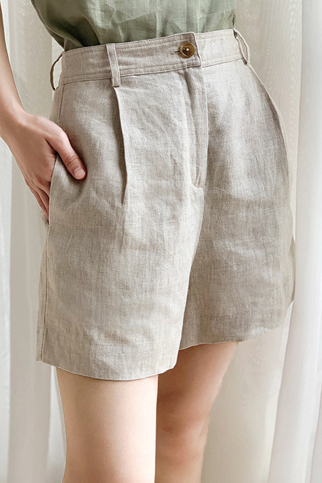 Solid Linen High Waist Shorts