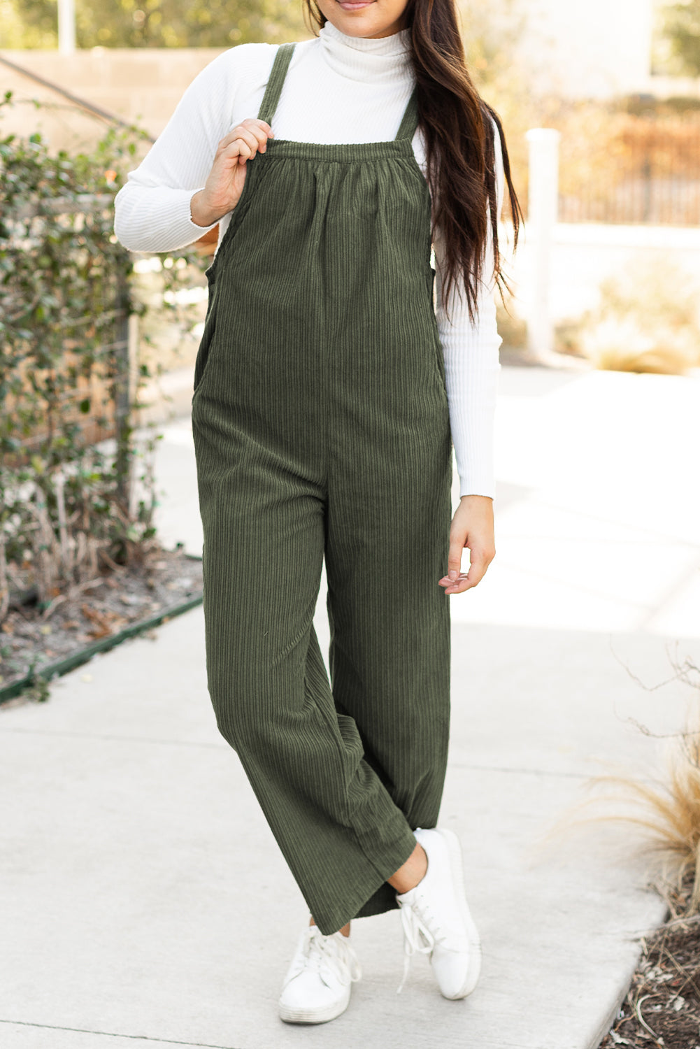 Solid Color Pocketed Corduroy Overall