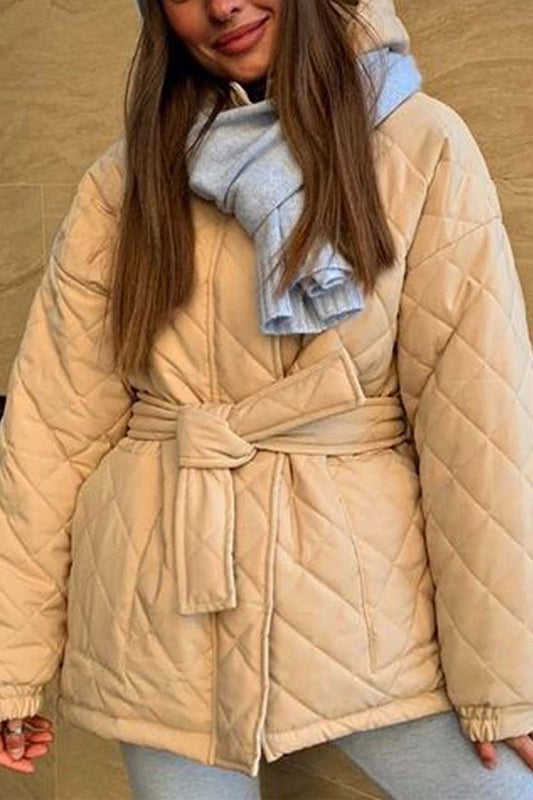 Hooded Pocket Belted Quilted Jacket