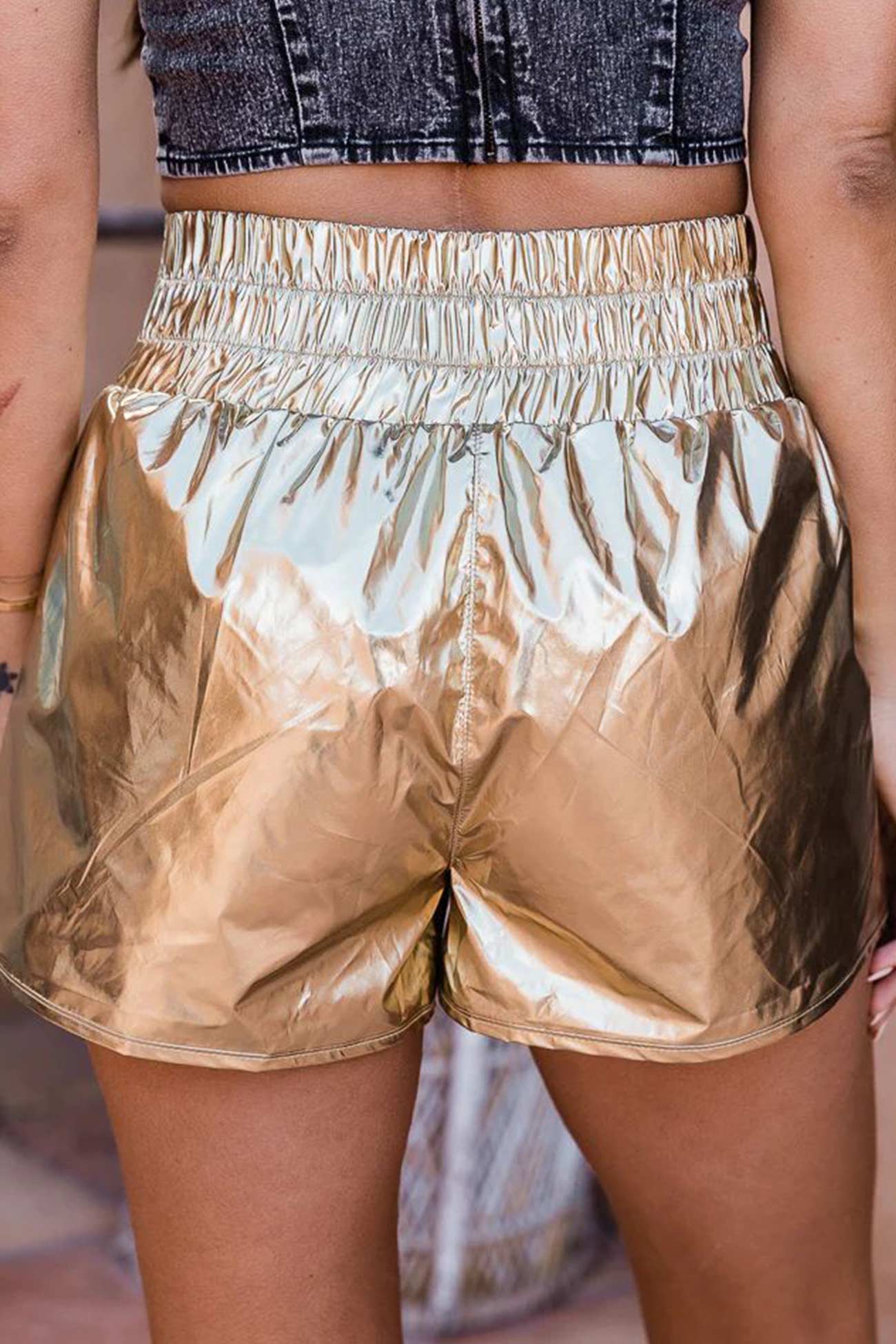 Glossy Shirred Waist Slit Shorts