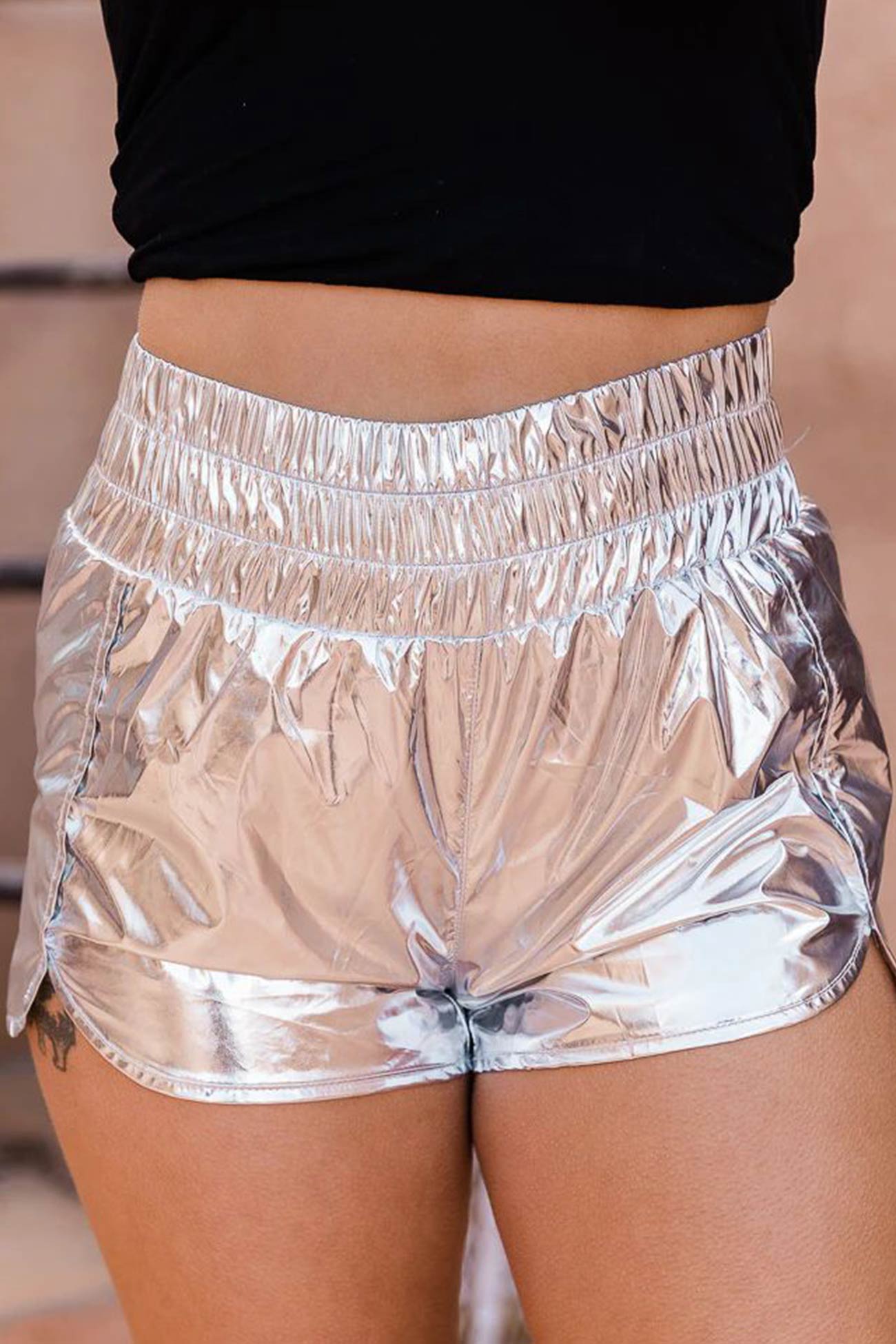 Glossy Shirred Waist Slit Shorts