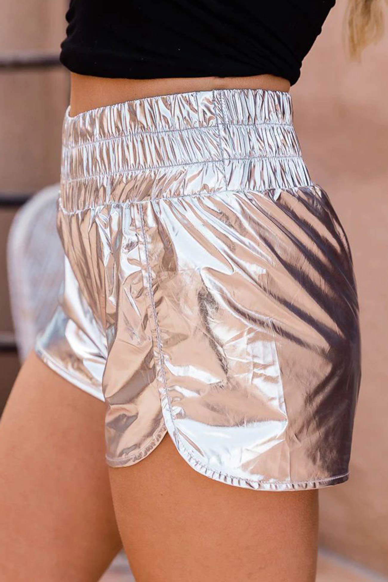 Glossy Shirred Waist Slit Shorts