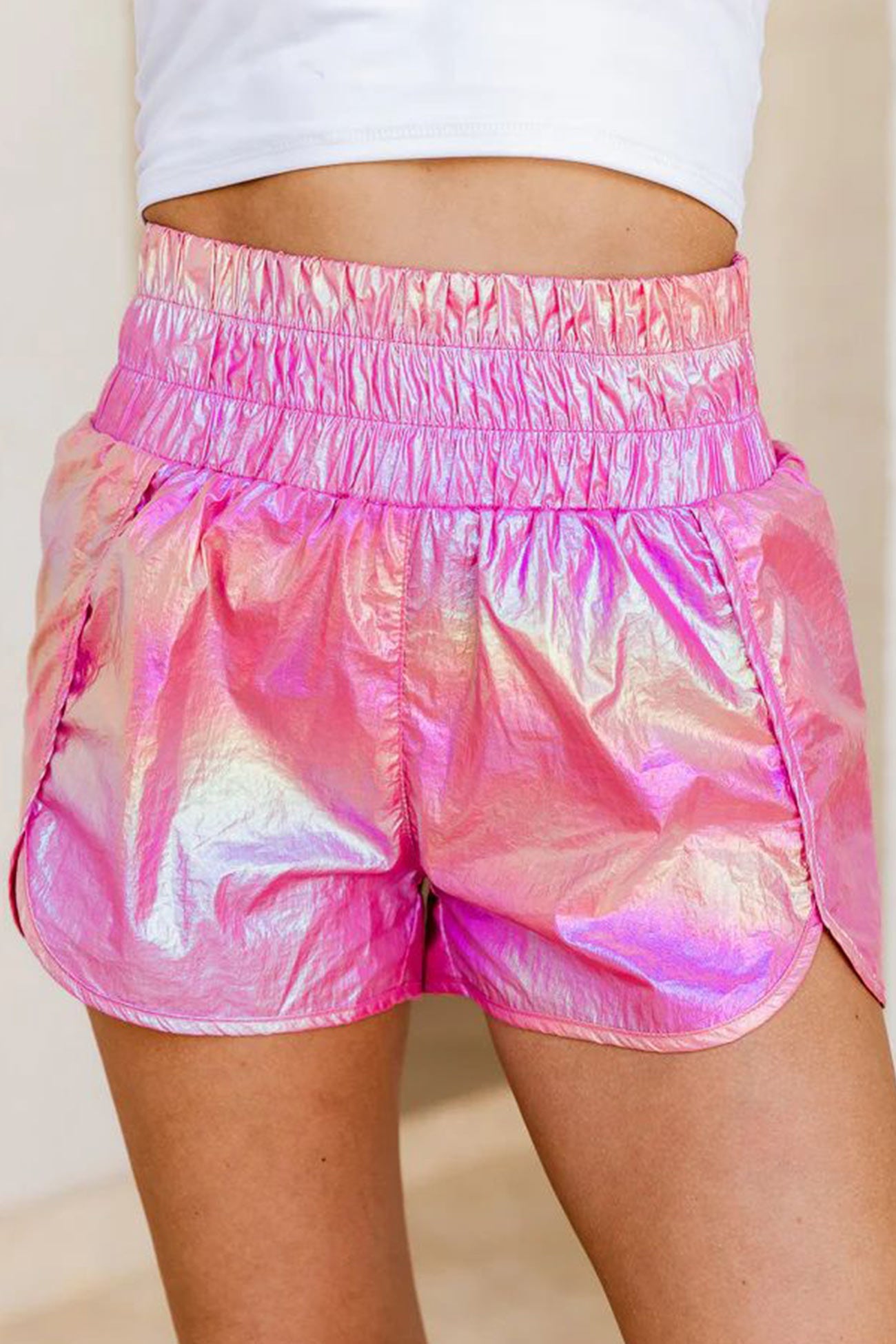 Glossy Shirred Waist Slit Shorts