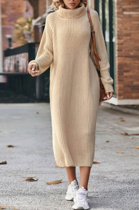 High Neck Ribbed Knit Sweater Dress