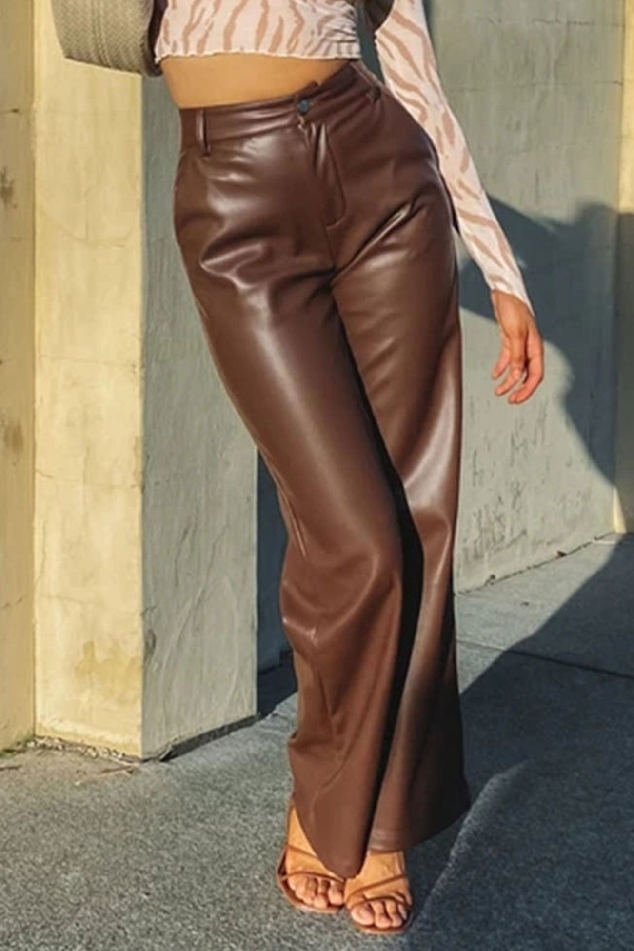 High Waist Wide Leg Leather Pants