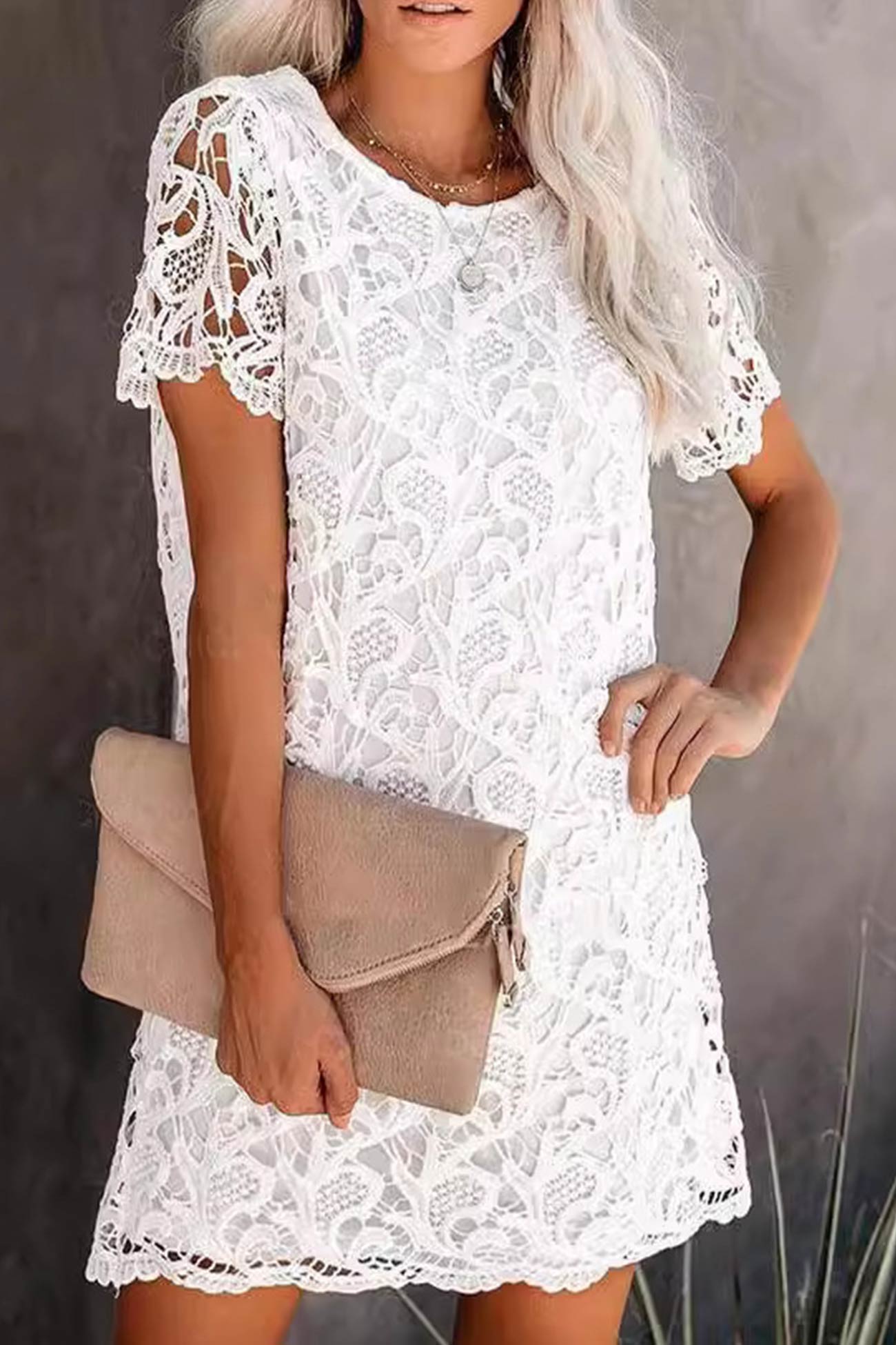 Lace Crew Neck Short Sleeve Mini Dress