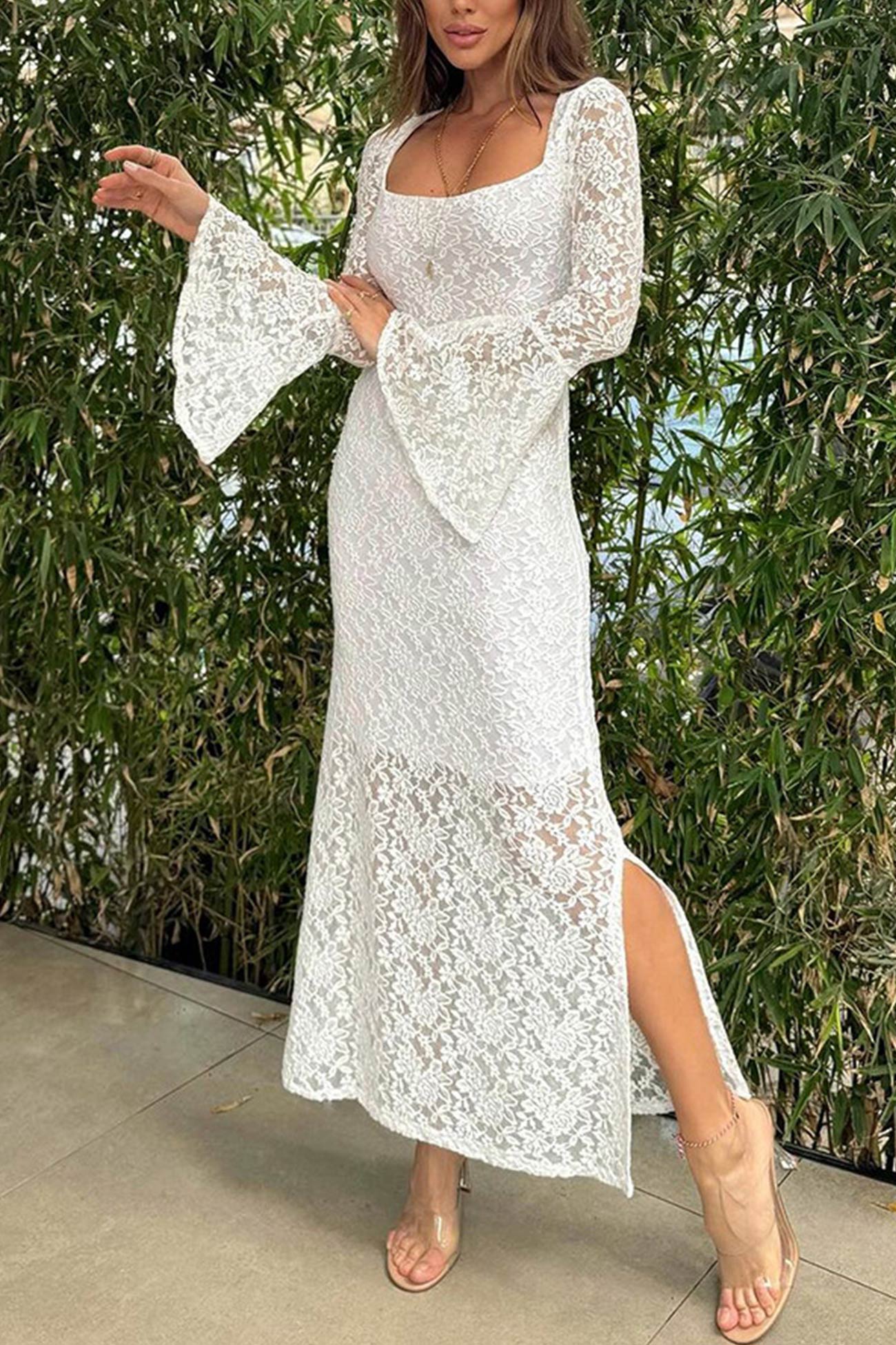 Lace Long Flare Sleeve Slit Dress