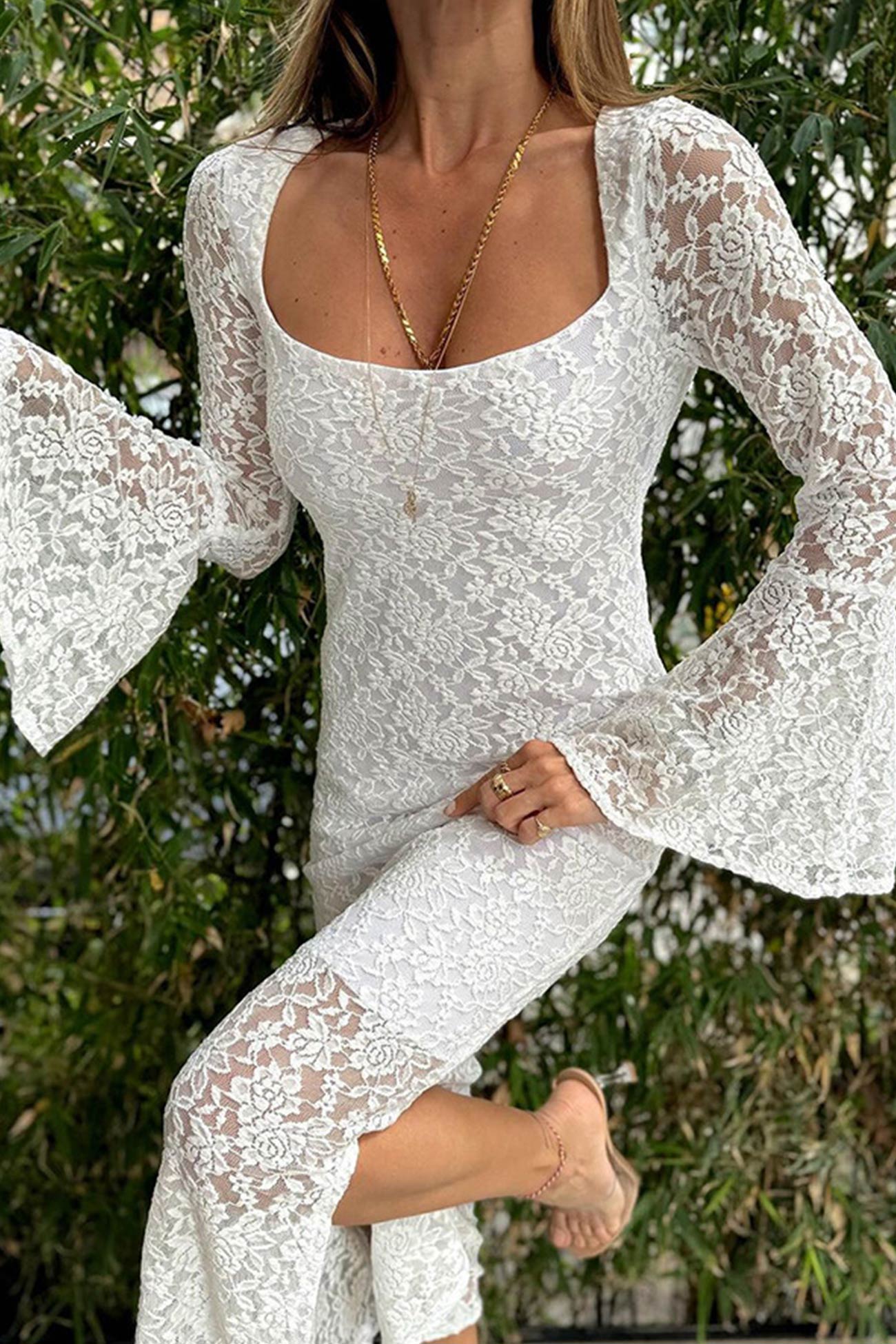 Lace Long Flare Sleeve Slit Dress