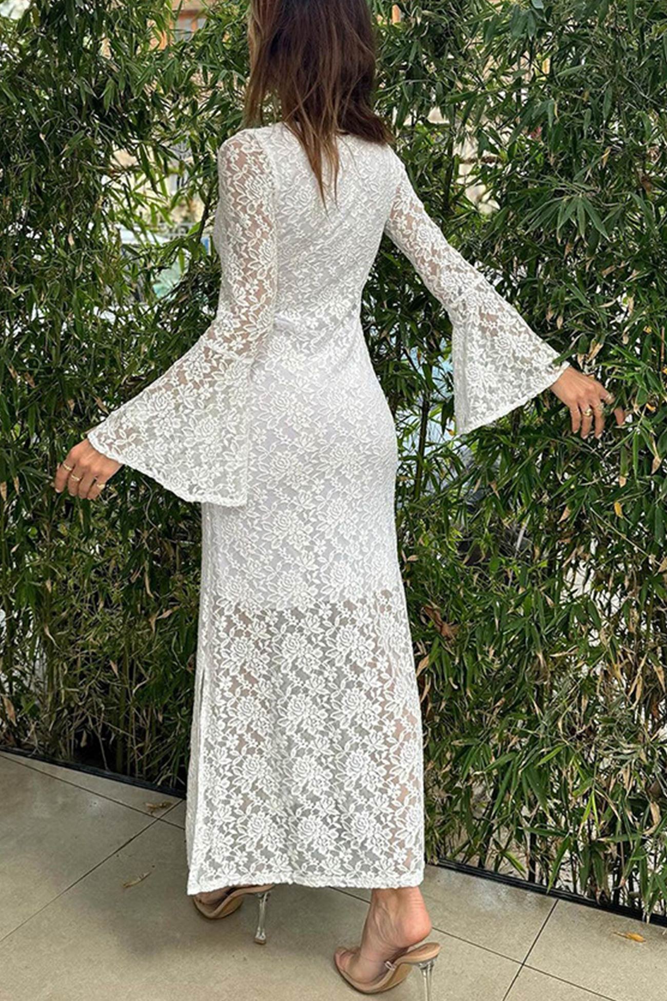 Lace Long Flare Sleeve Slit Dress