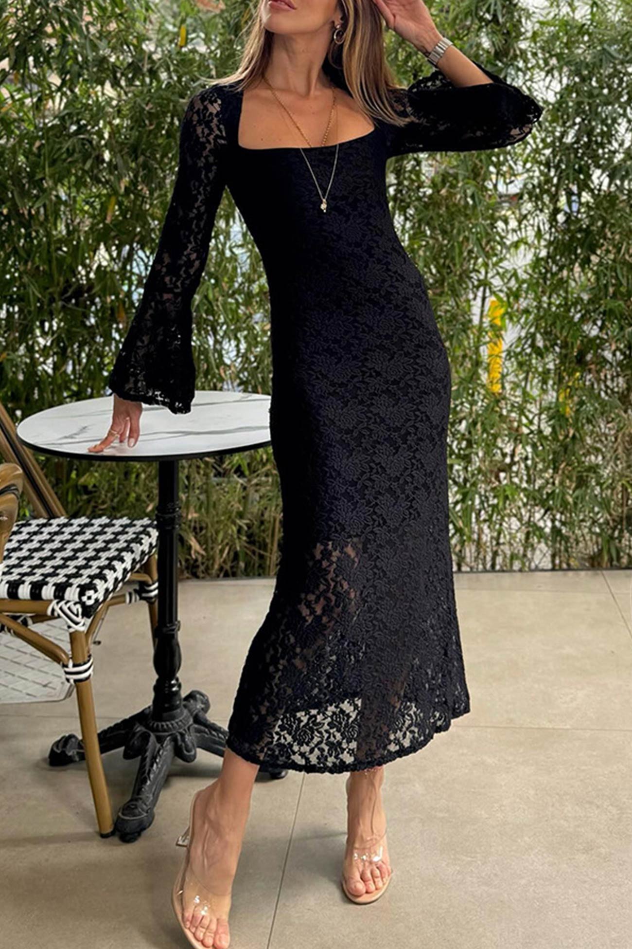 Lace Long Flare Sleeve Slit Dress