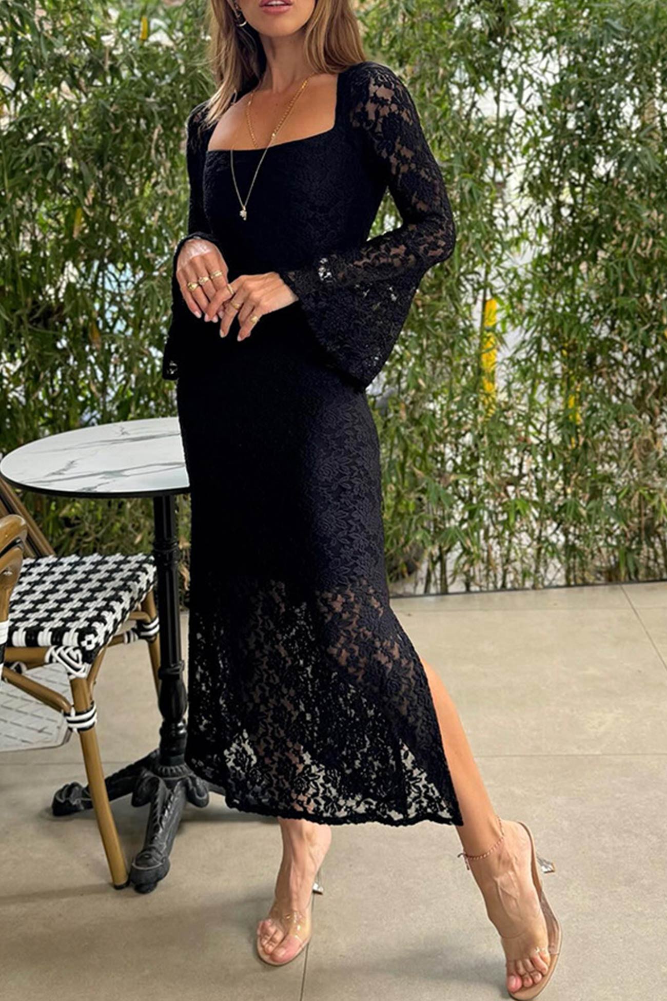 Lace Long Flare Sleeve Slit Dress