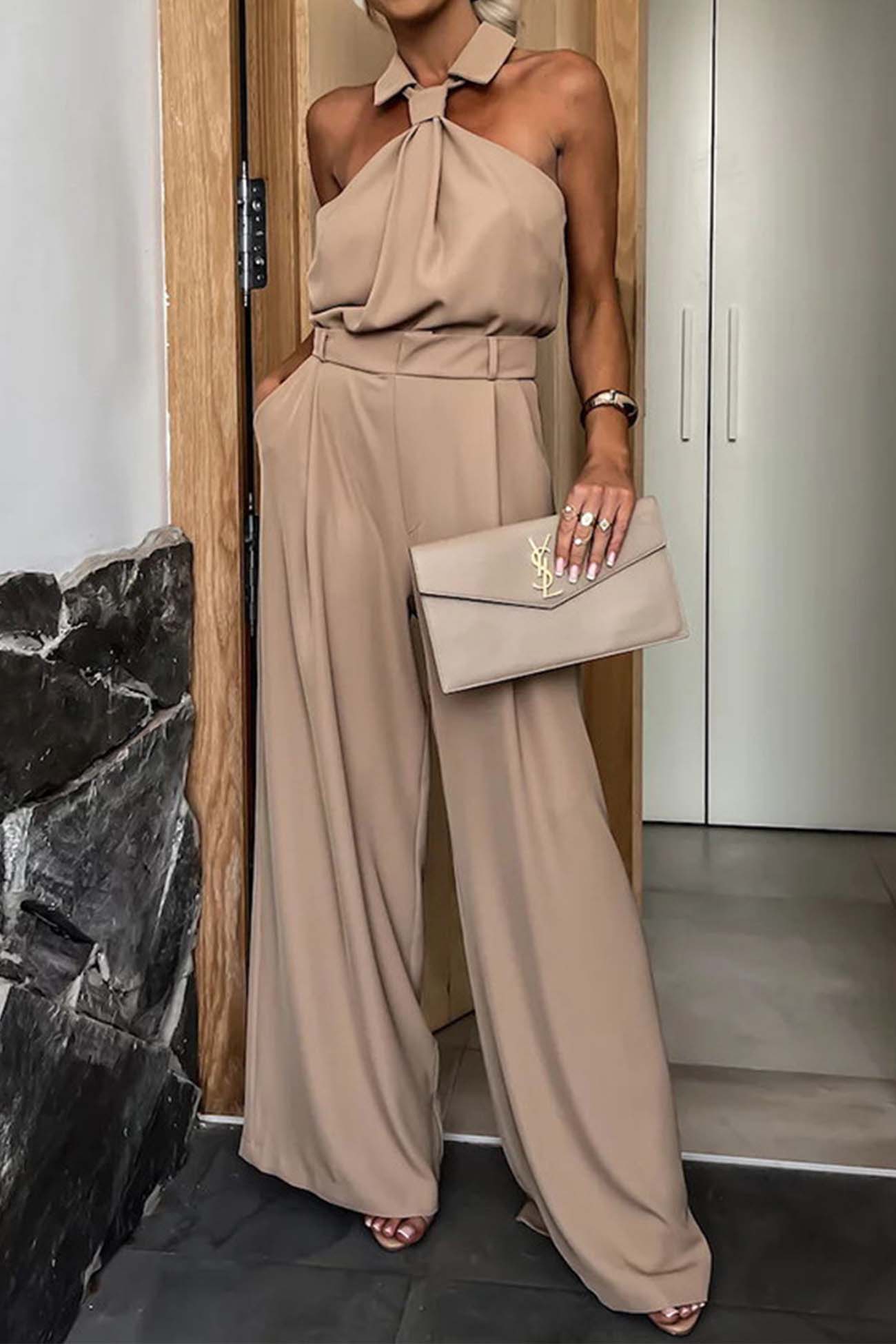 Lapel Halterneck Wide Leg Jumpsuits