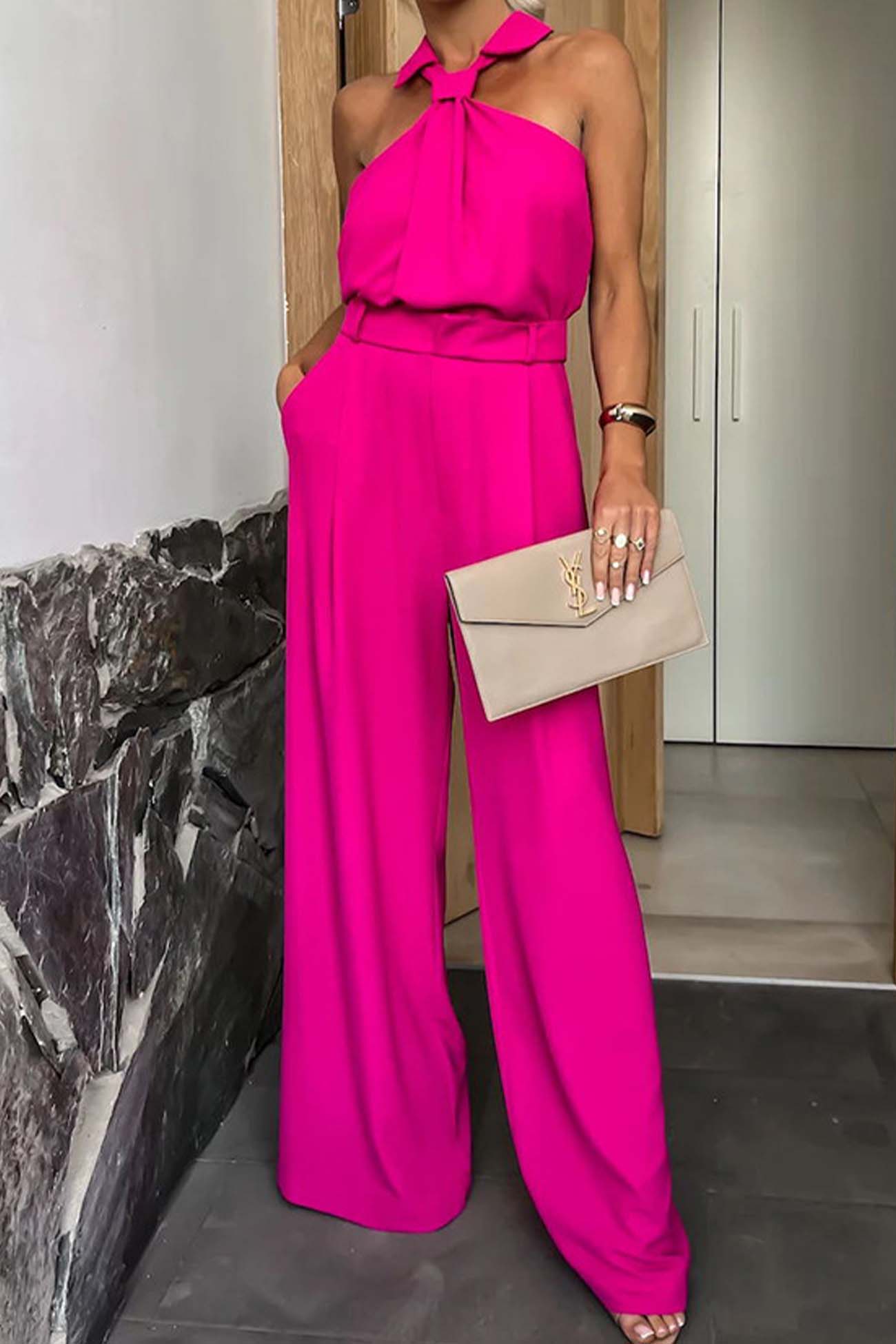 Lapel Halterneck Wide Leg Jumpsuits