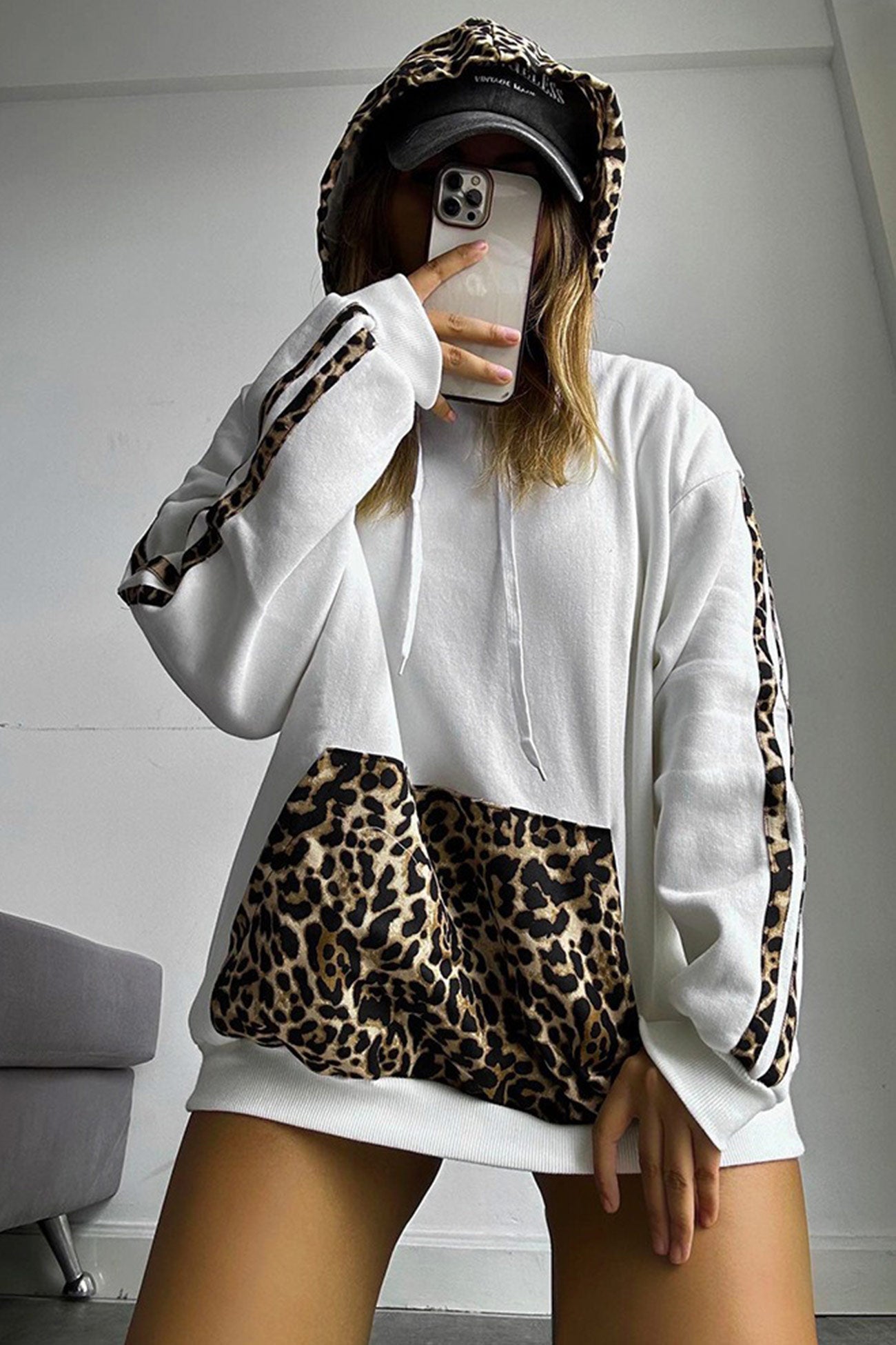 Leopard Print Patchwork Loose Hoodie