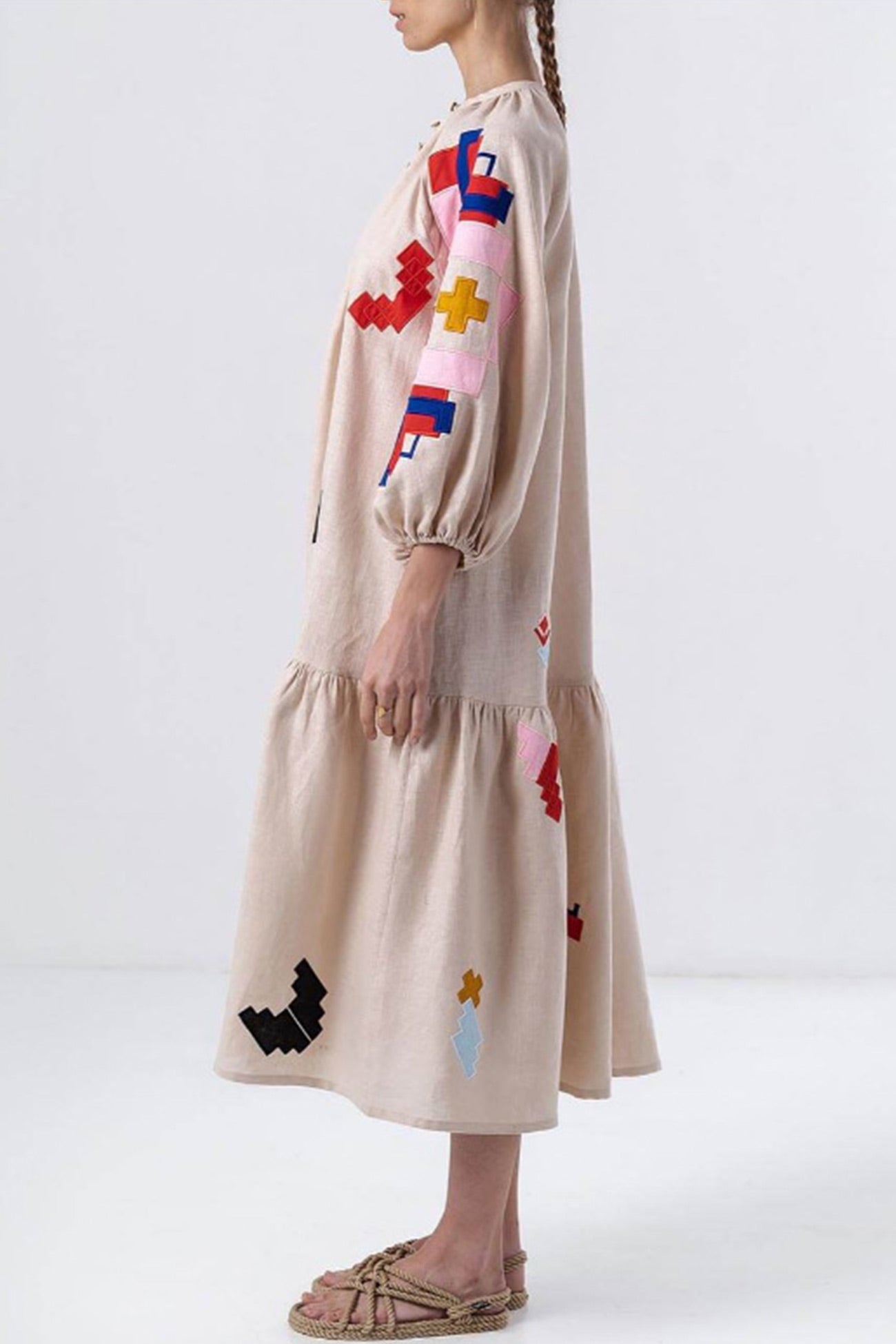 Linen Printed Lantern Sleeve Dress