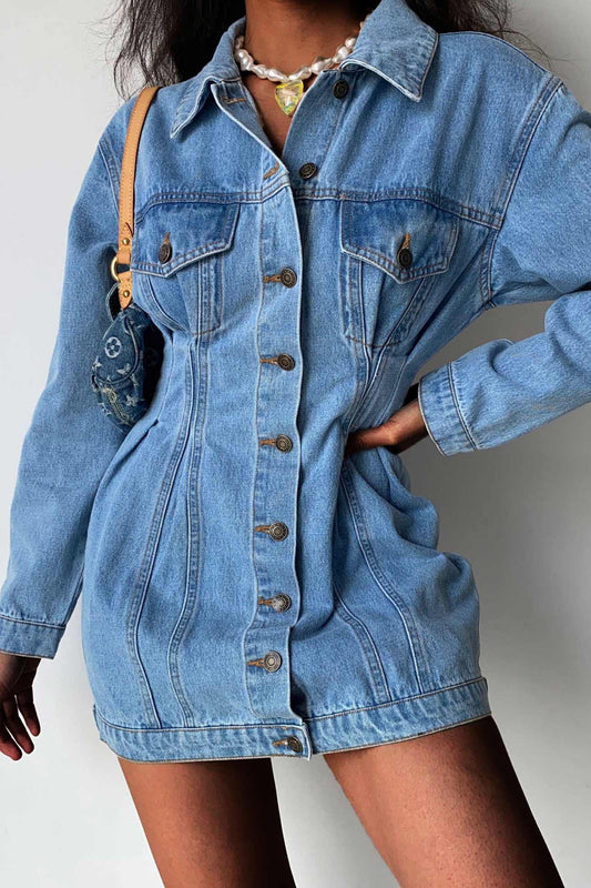 Long Sleeve Button-down Waisted Denim Dress