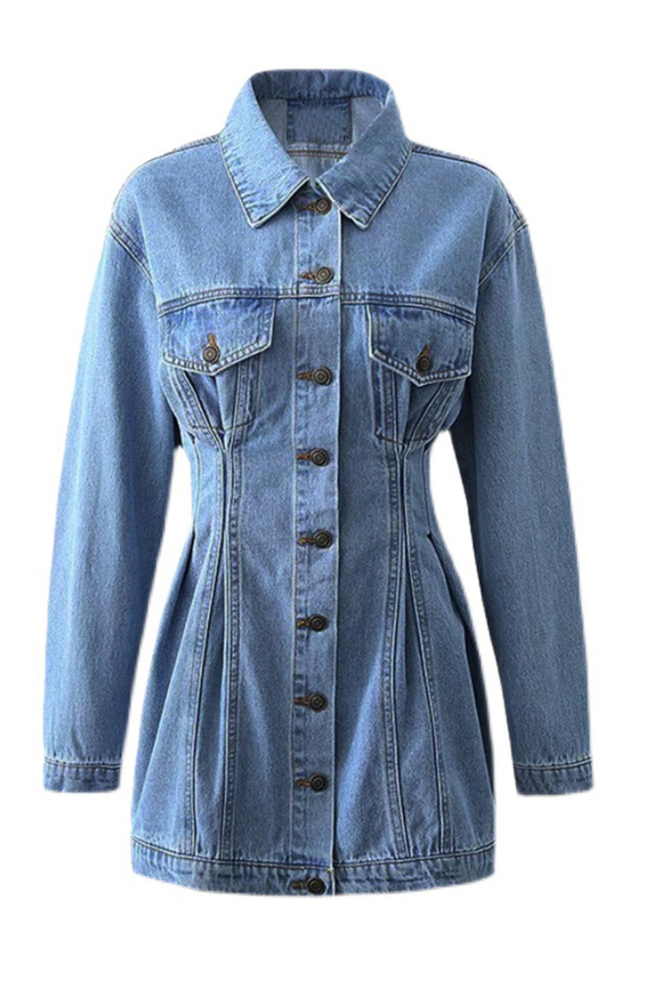 Long Sleeve Button-down Waisted Denim Dress