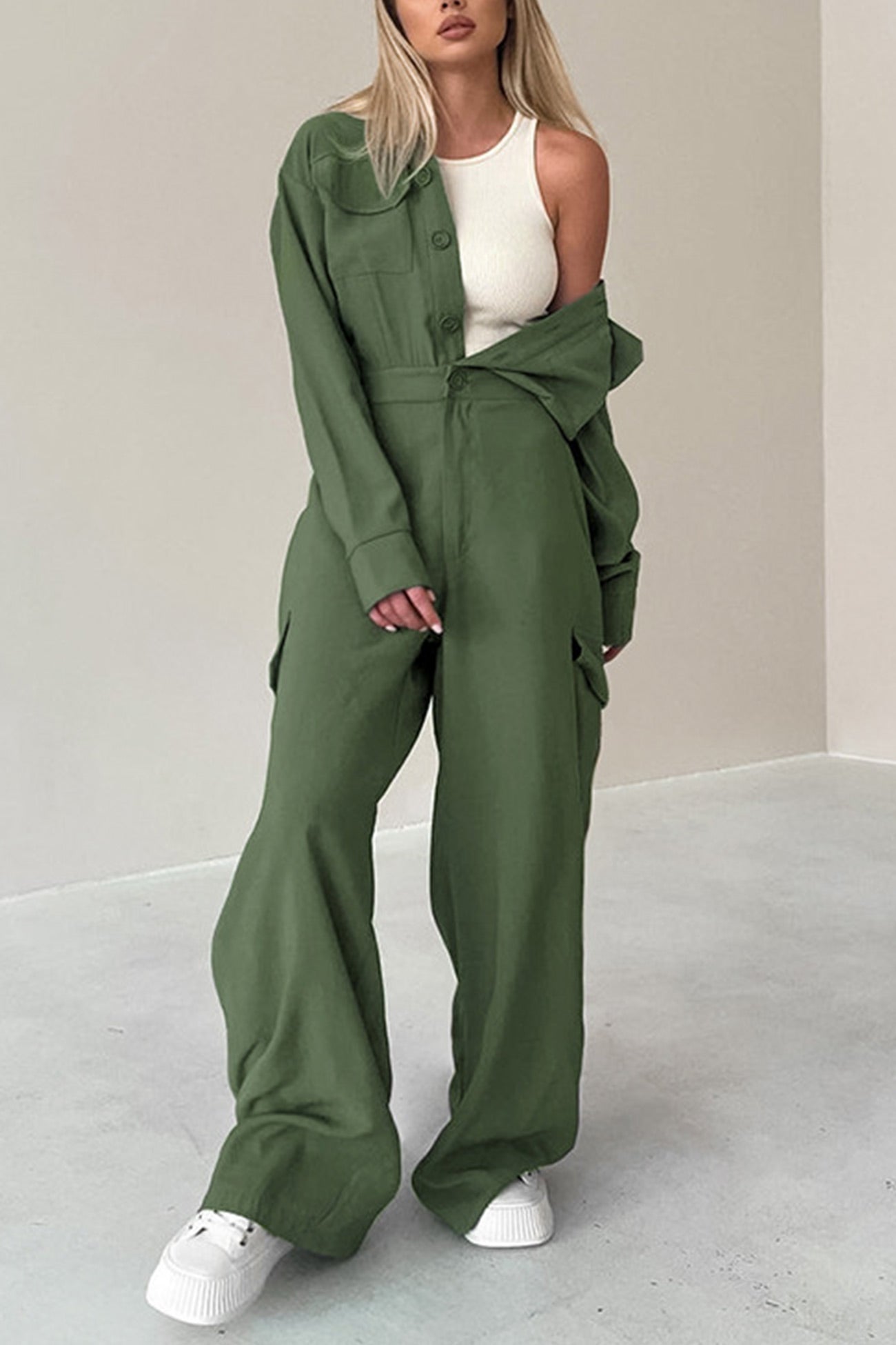 Long Sleeve Single-breasted Cargo Jumpsuits