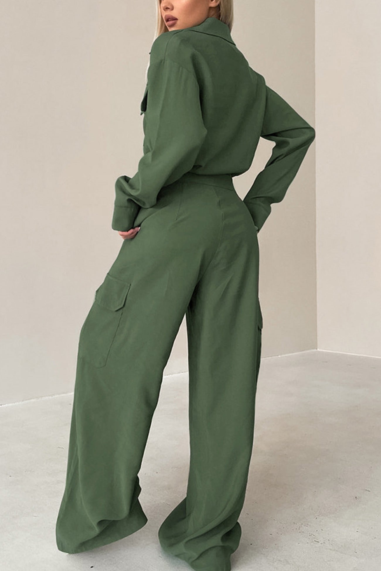 Long Sleeve Single-breasted Cargo Jumpsuits