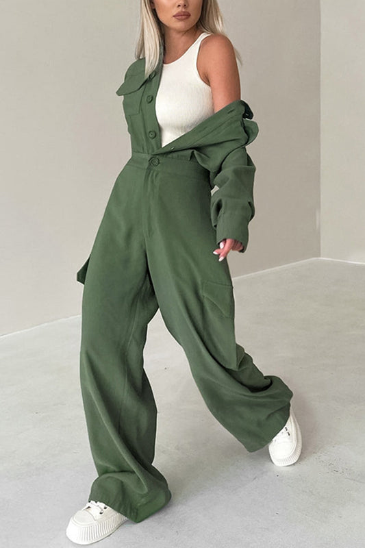 Long Sleeve Single-breasted Cargo Jumpsuits