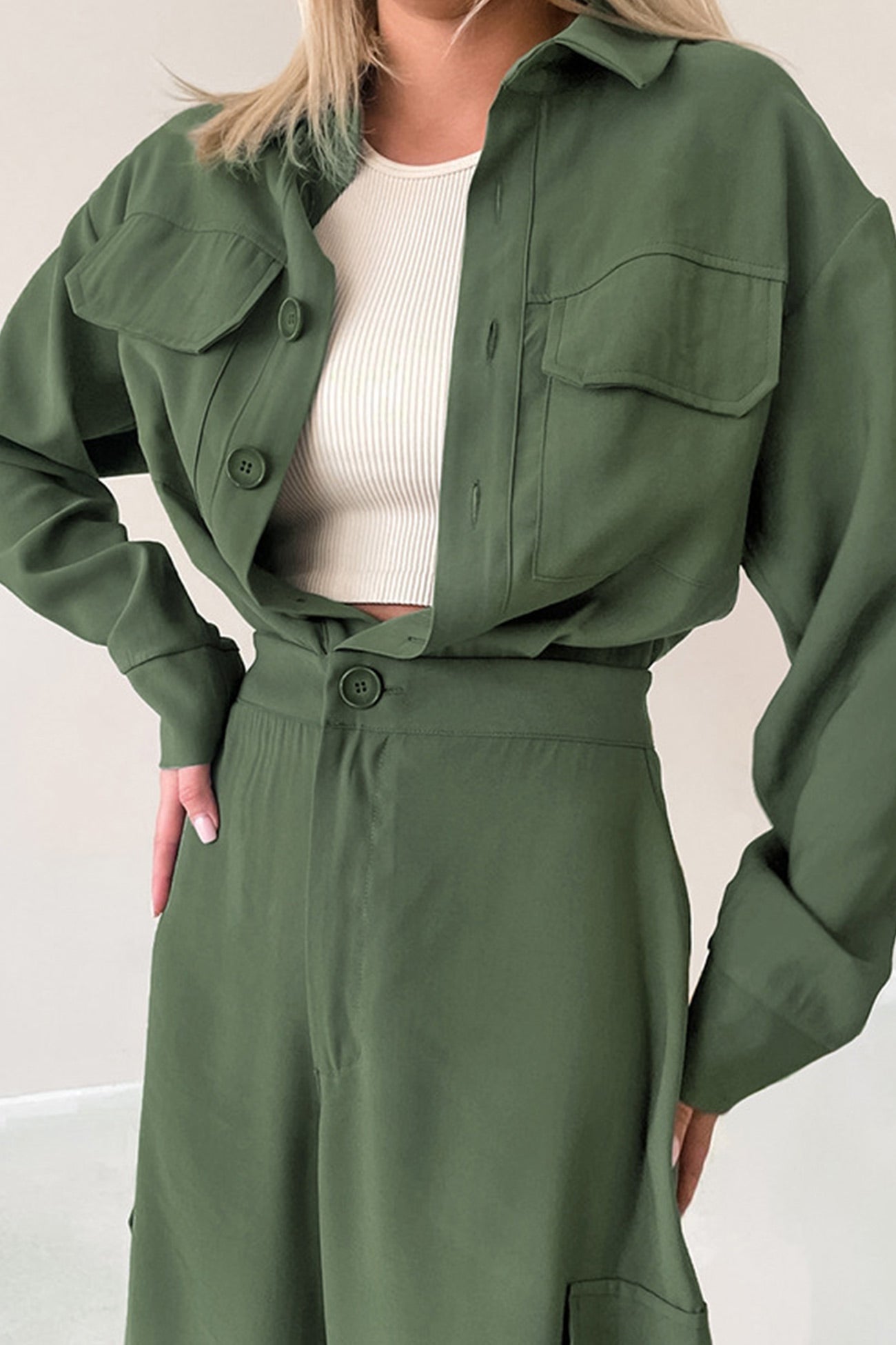 Long Sleeve Single-breasted Cargo Jumpsuits