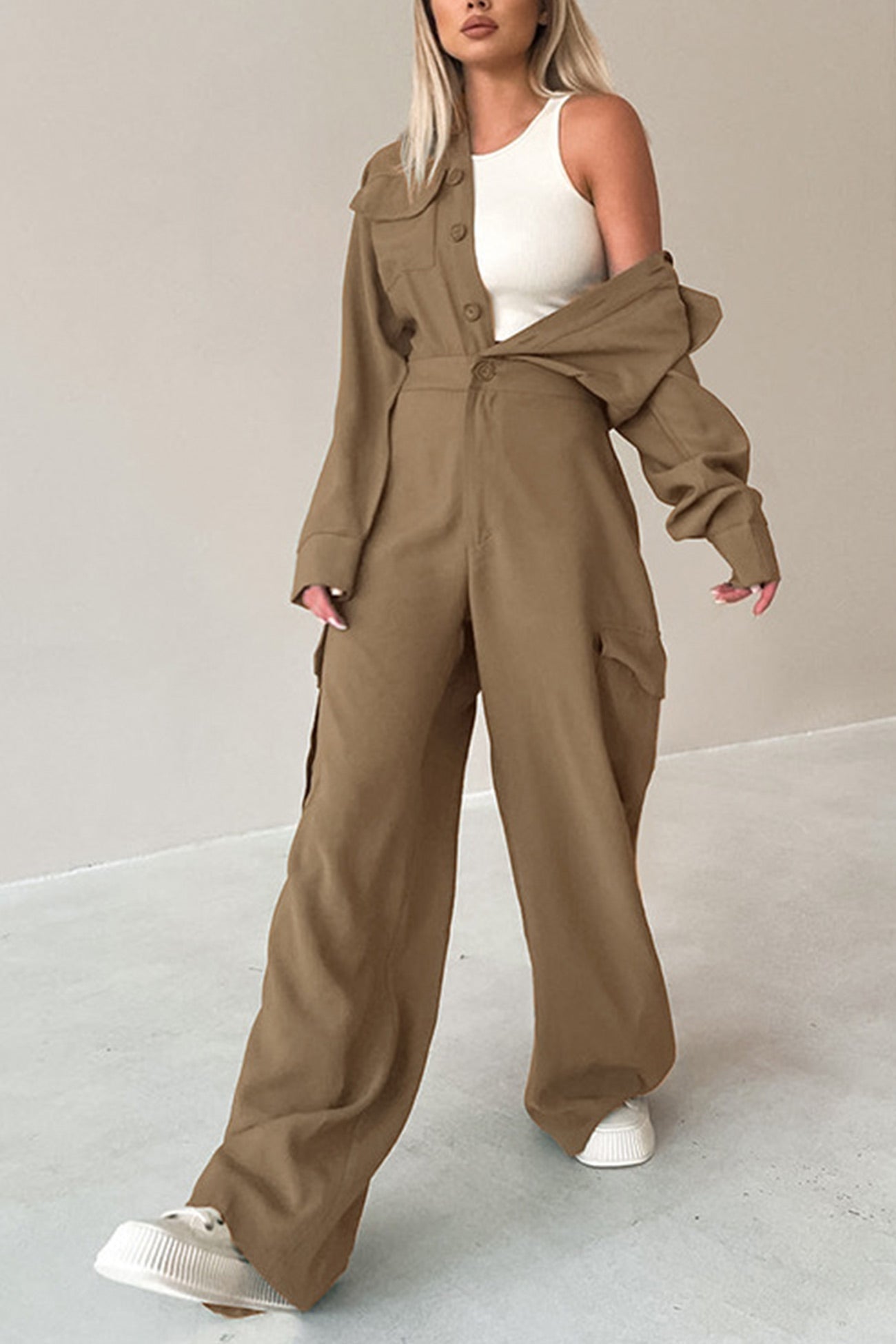 Long Sleeve Single-breasted Cargo Jumpsuits