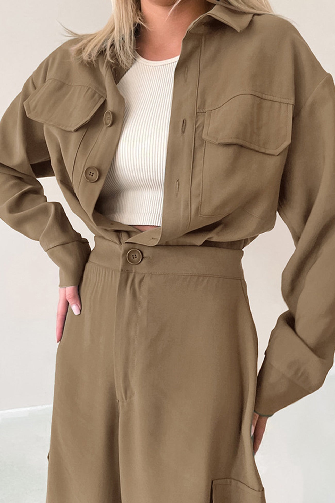 Long Sleeve Single-breasted Cargo Jumpsuits