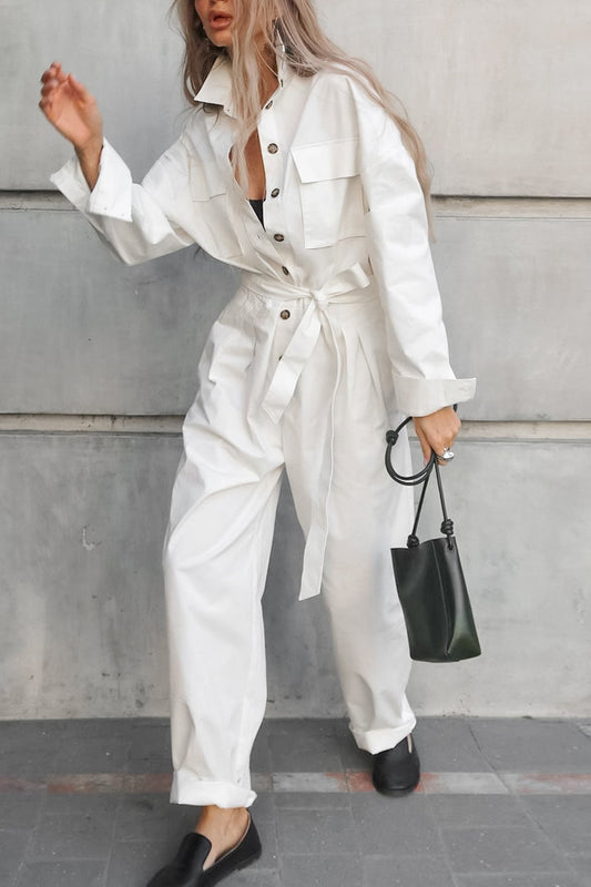 Long Sleeve Tie-up High Waist Cargo Jumpsuits