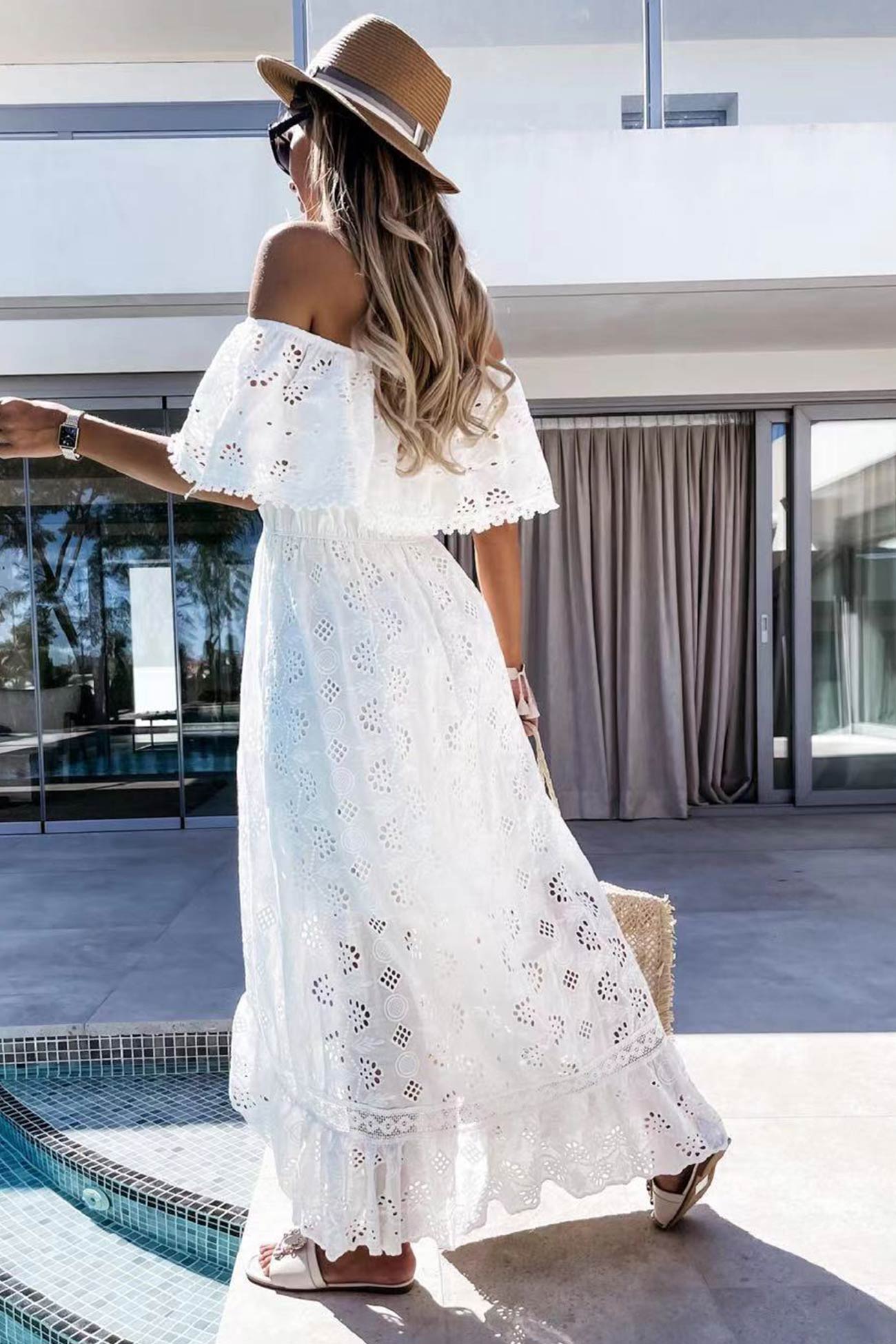 Off Shoulder Lace Hollow Out Beach Dress