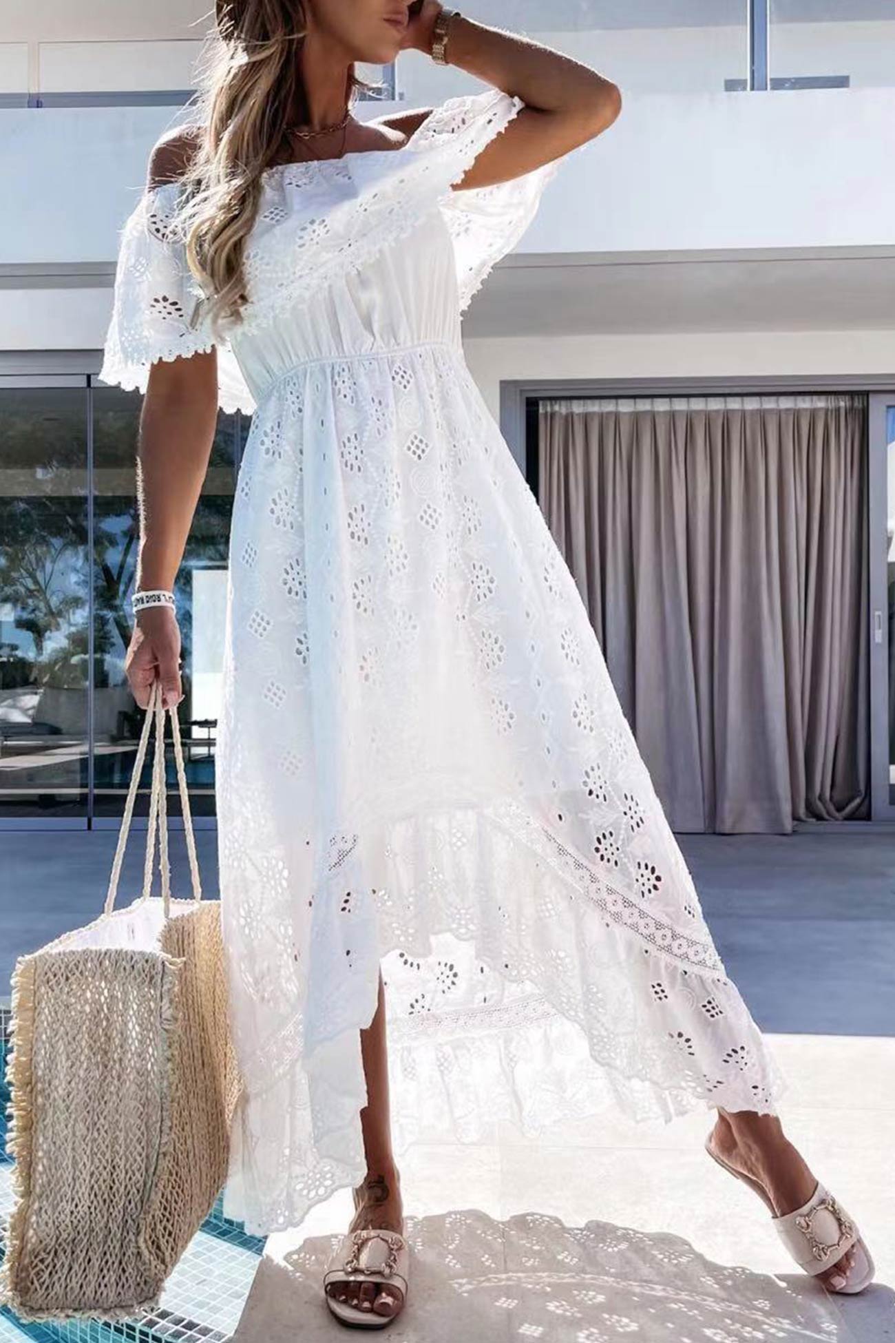 Off Shoulder Lace Hollow Out Beach Dress