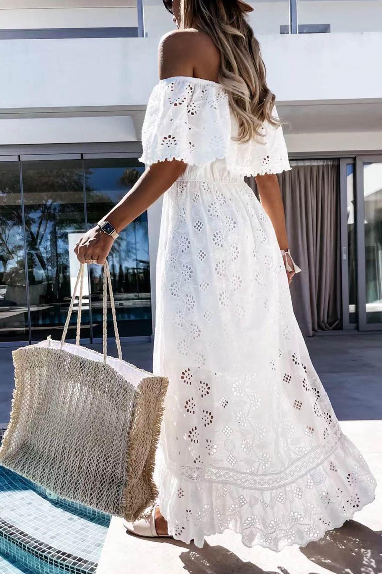 Off Shoulder Lace Hollow Out Beach Dress