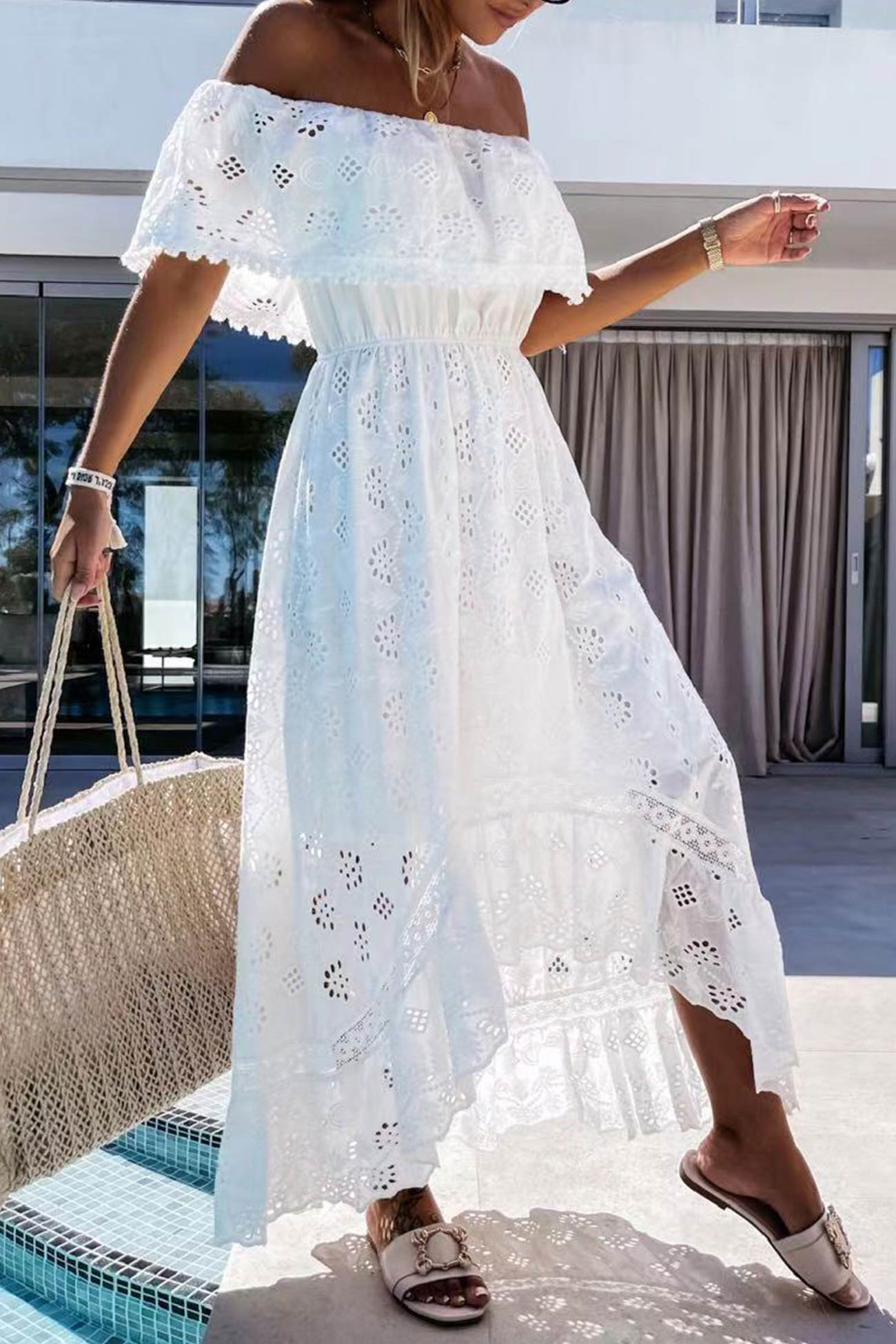 Off Shoulder Lace Hollow Out Beach Dress