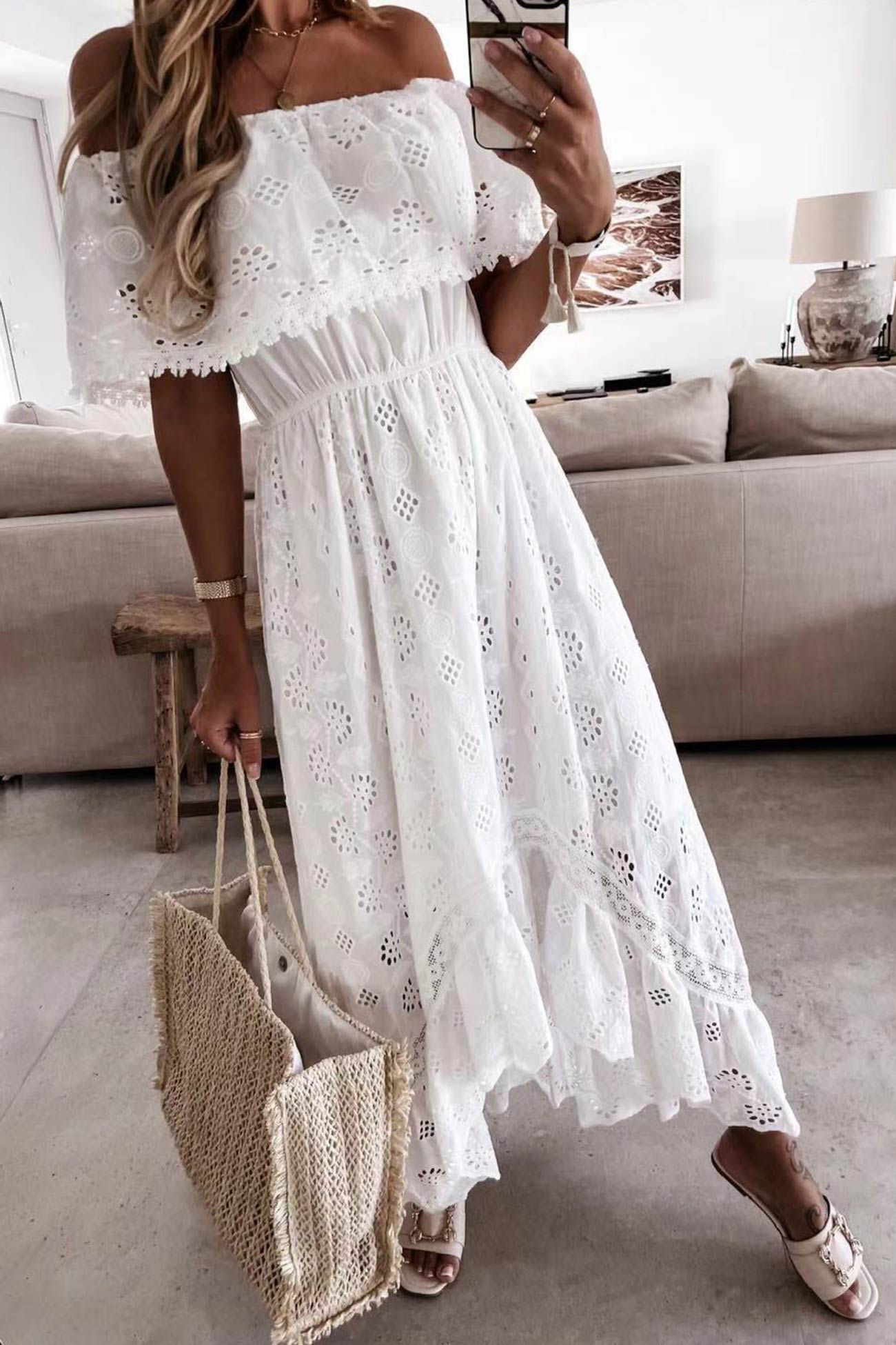 Off Shoulder Lace Hollow Out Beach Dress