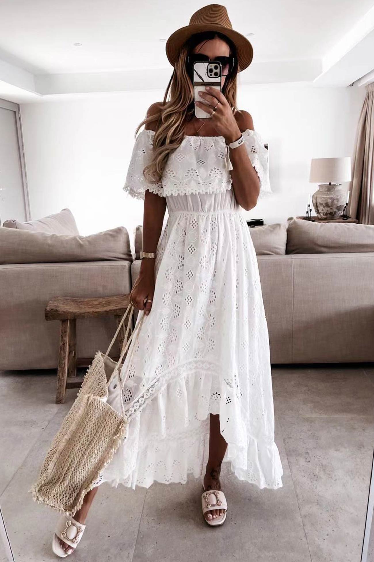 Off Shoulder Lace Hollow Out Beach Dress