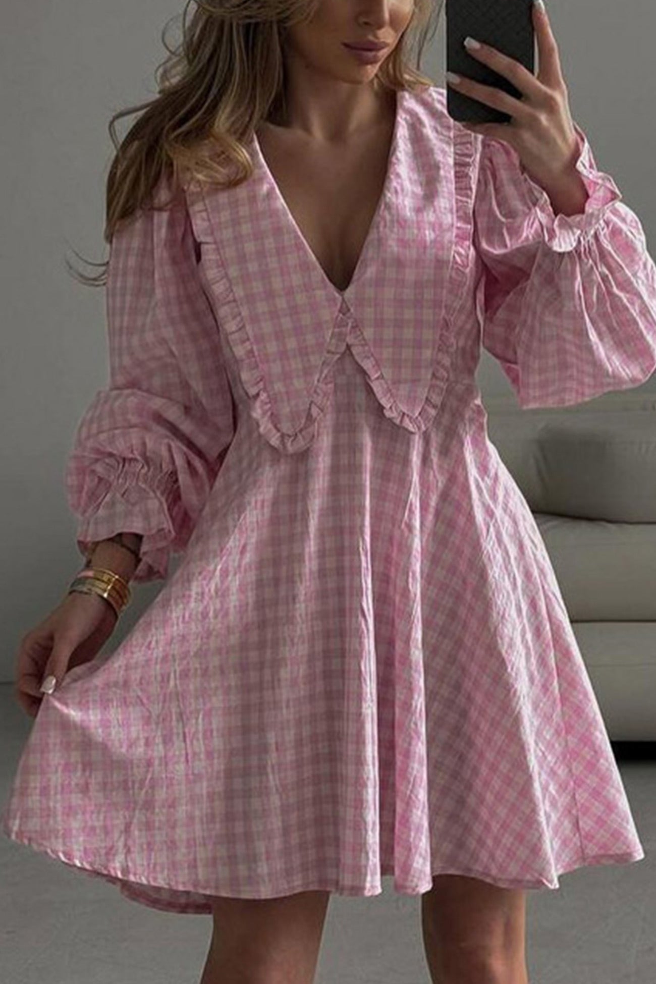 Plaid Lapel Puff Sleeve Baby Doll Dress