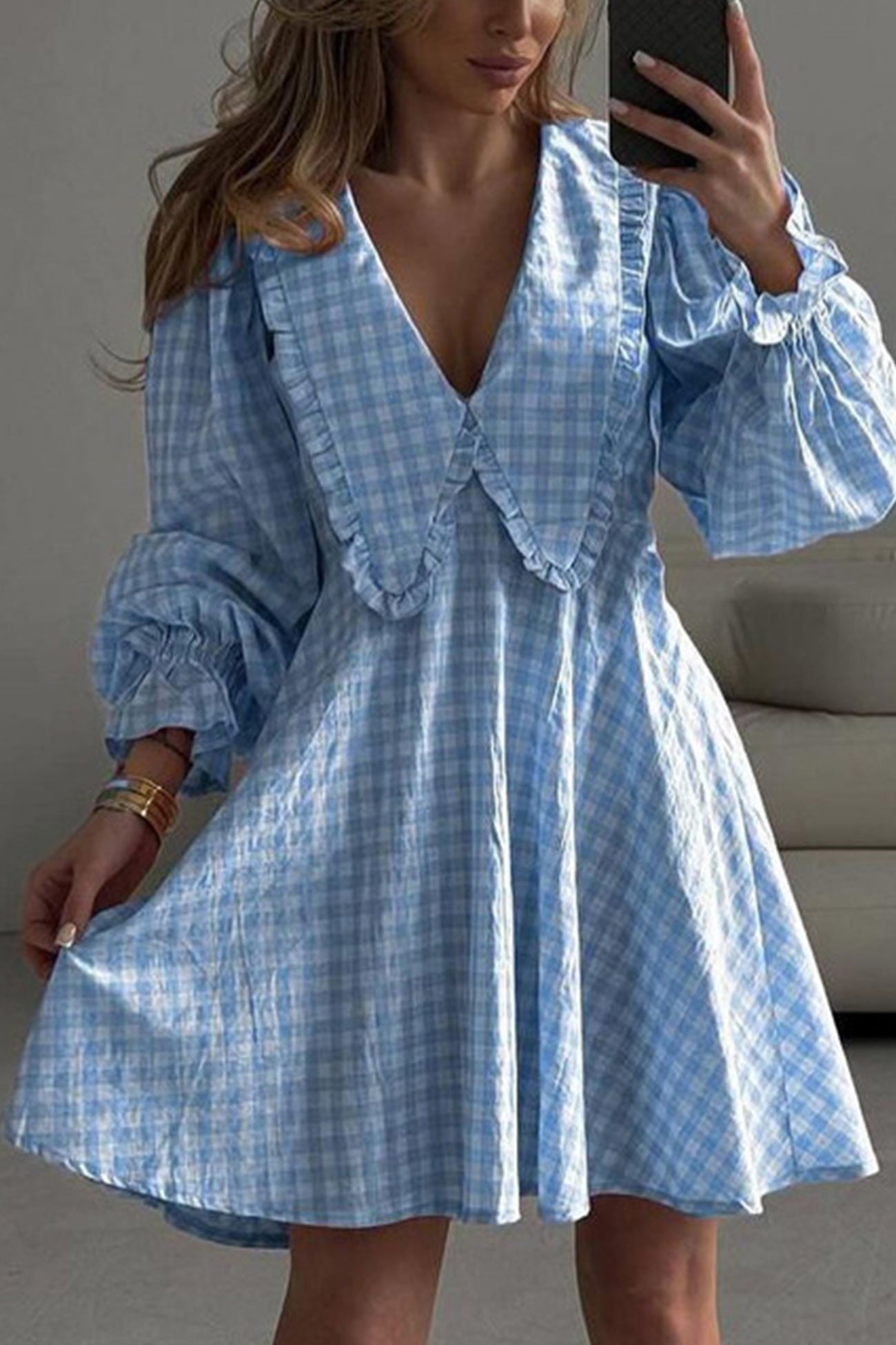 Plaid Lapel Puff Sleeve Baby Doll Dress