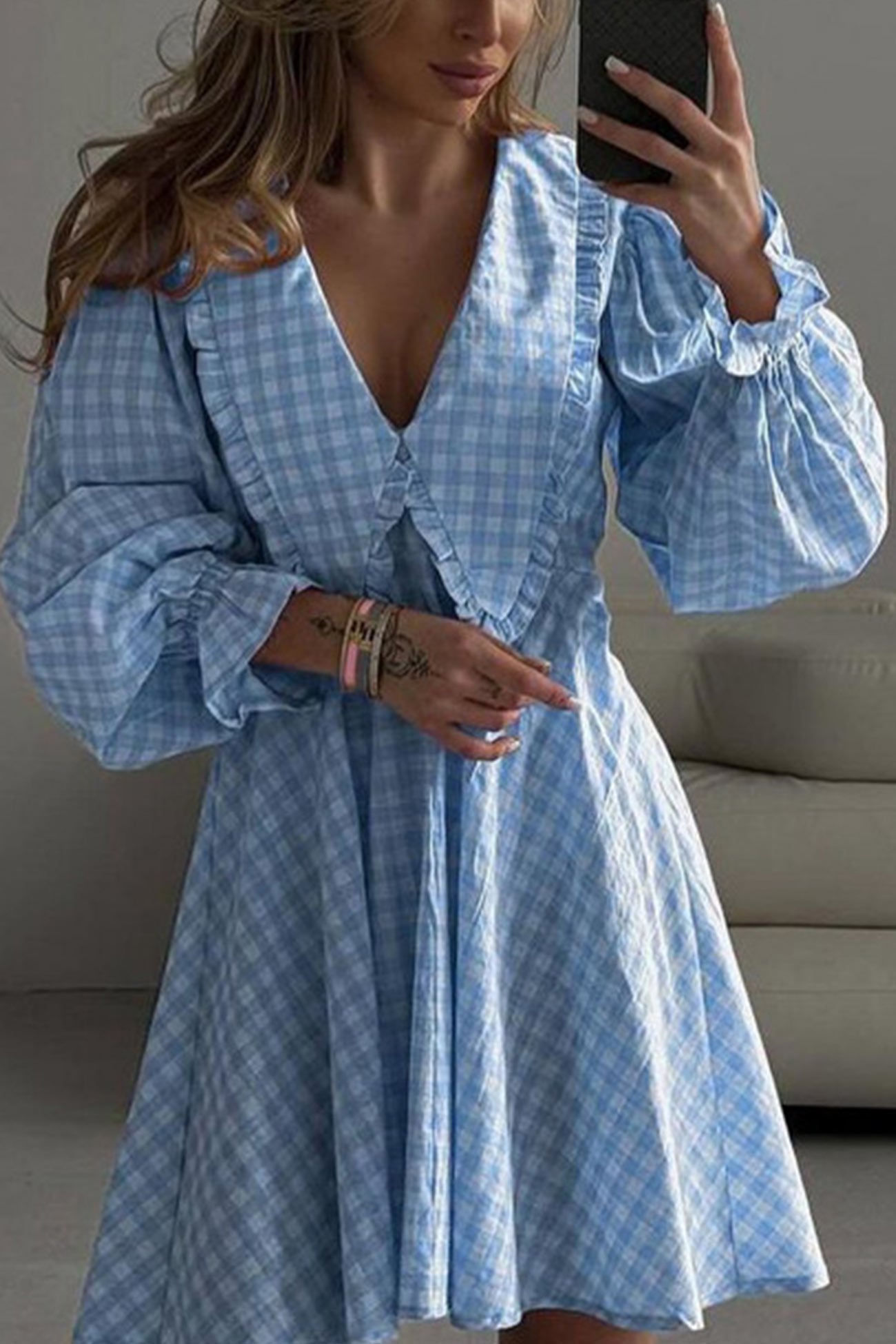 Plaid Lapel Puff Sleeve Baby Doll Dress