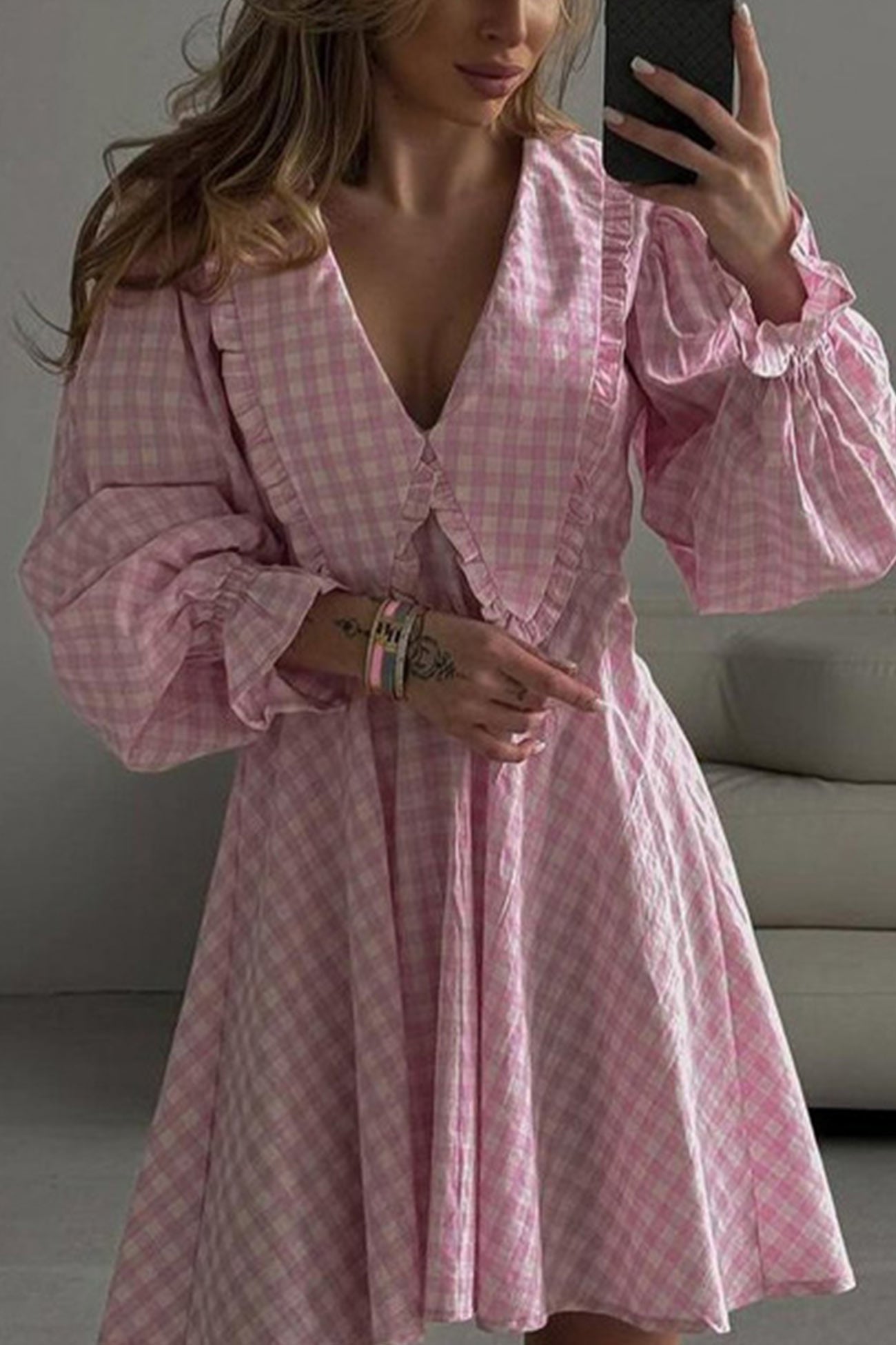 Plaid Lapel Puff Sleeve Baby Doll Dress