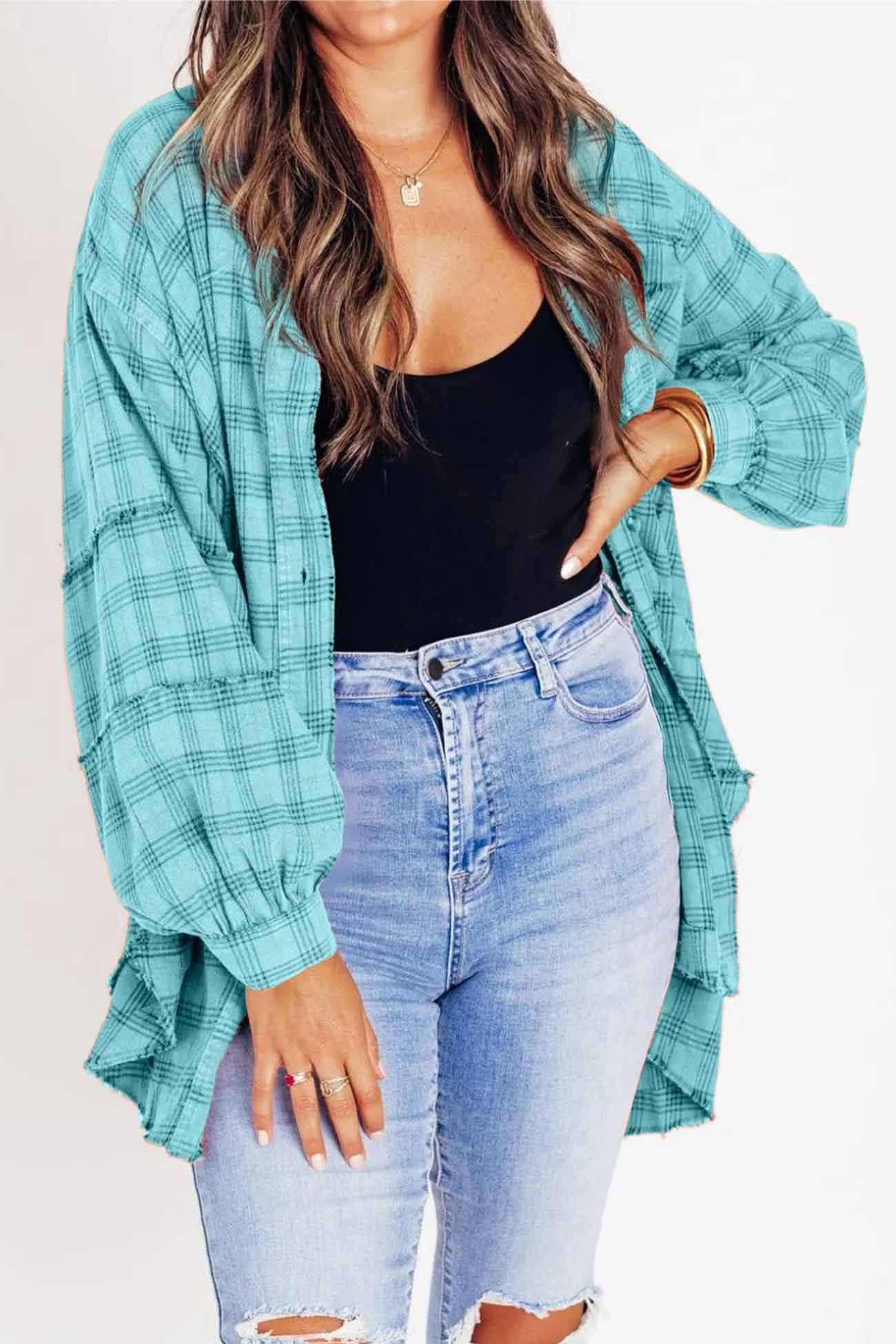 Plaid Button Down Fringed Slit Hem Blouse