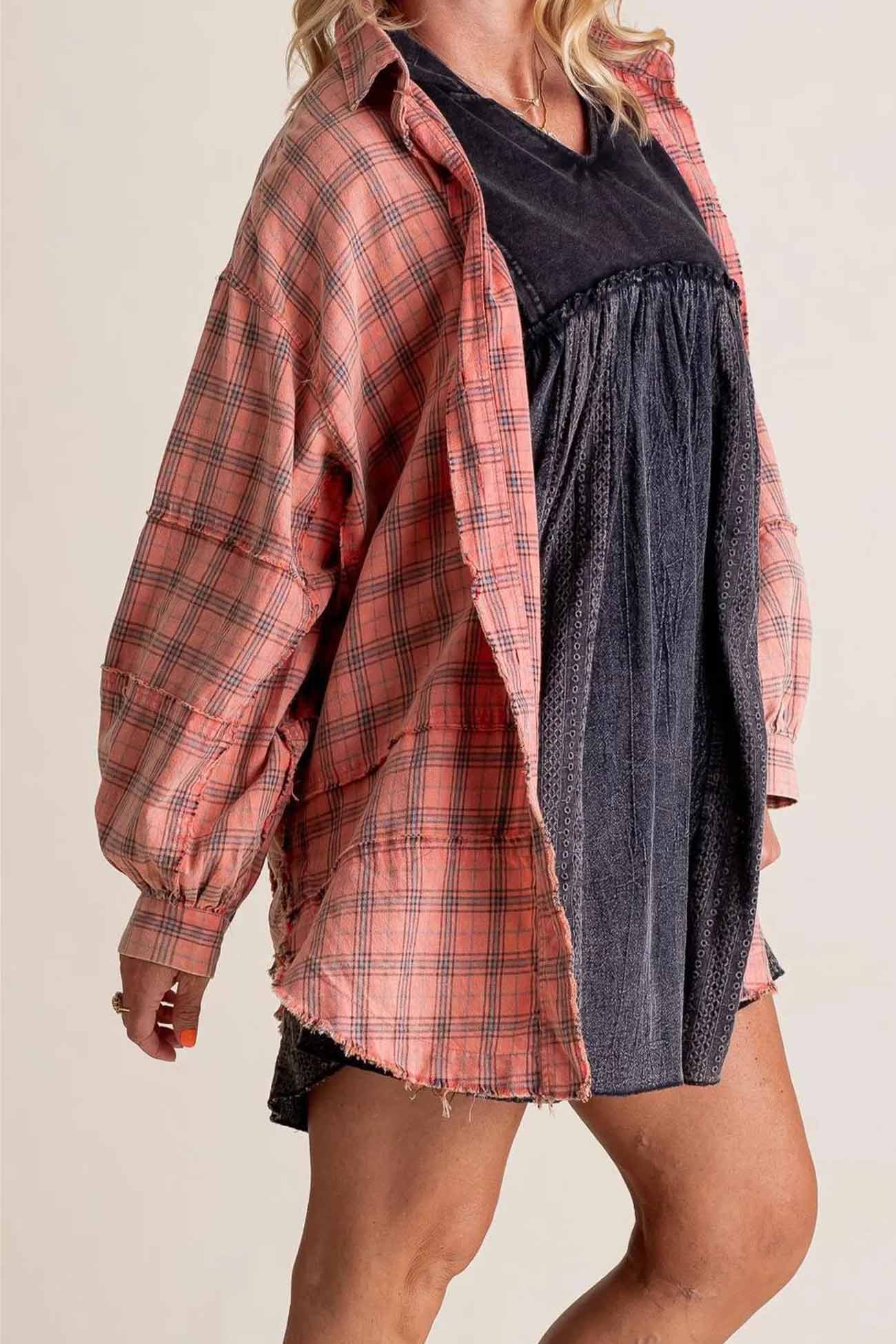 Plaid Button Down Fringed Slit Hem Blouse