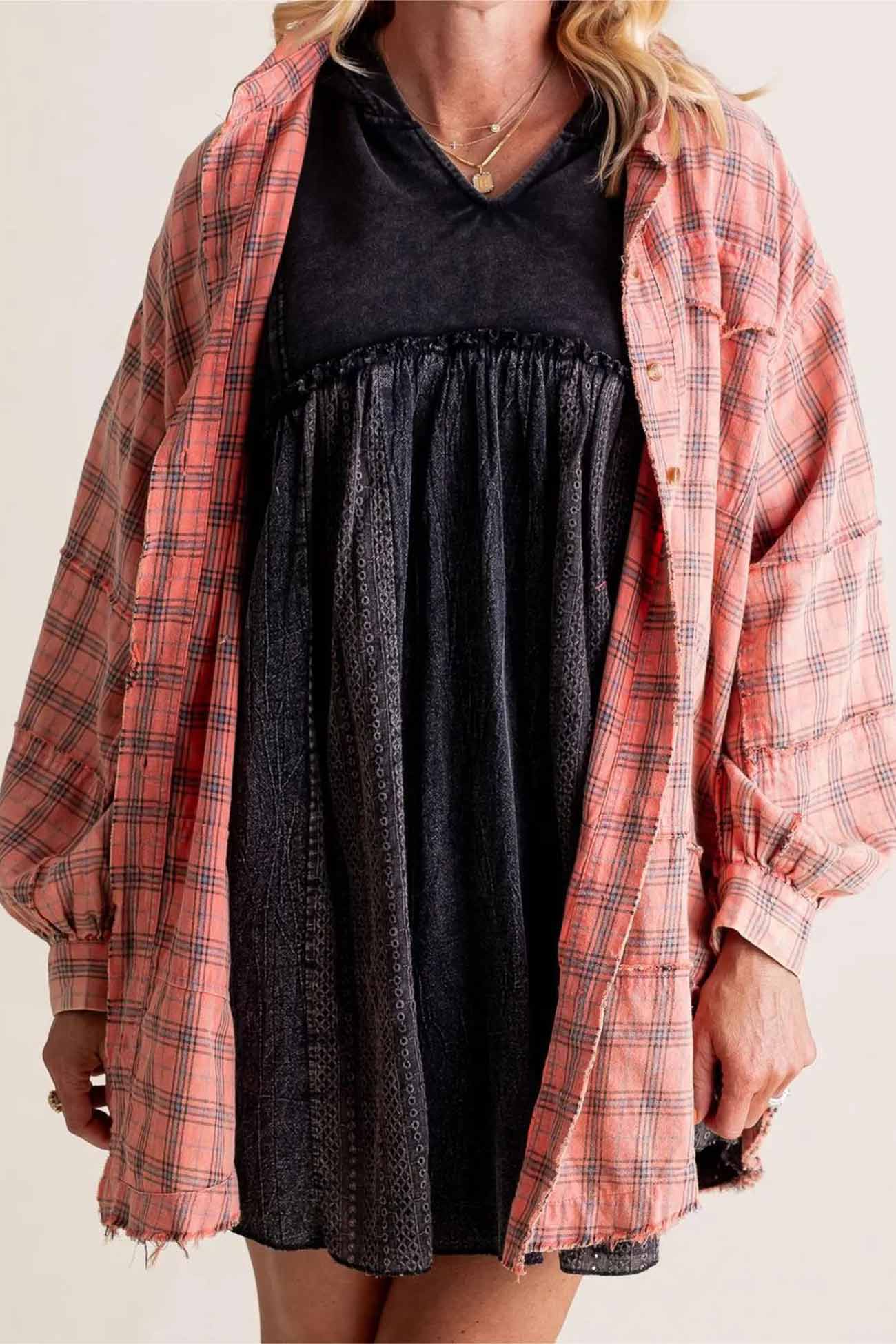 Plaid Button Down Fringed Slit Hem Blouse