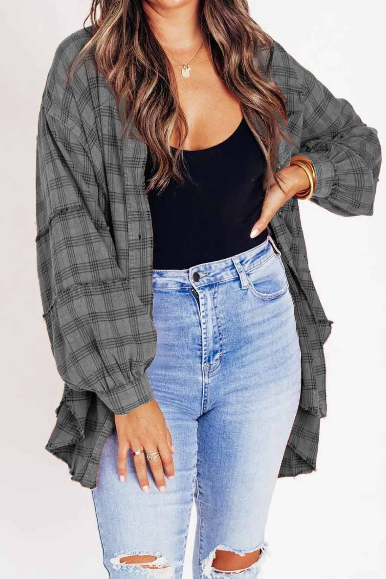 Plaid Button Down Fringed Slit Hem Blouse