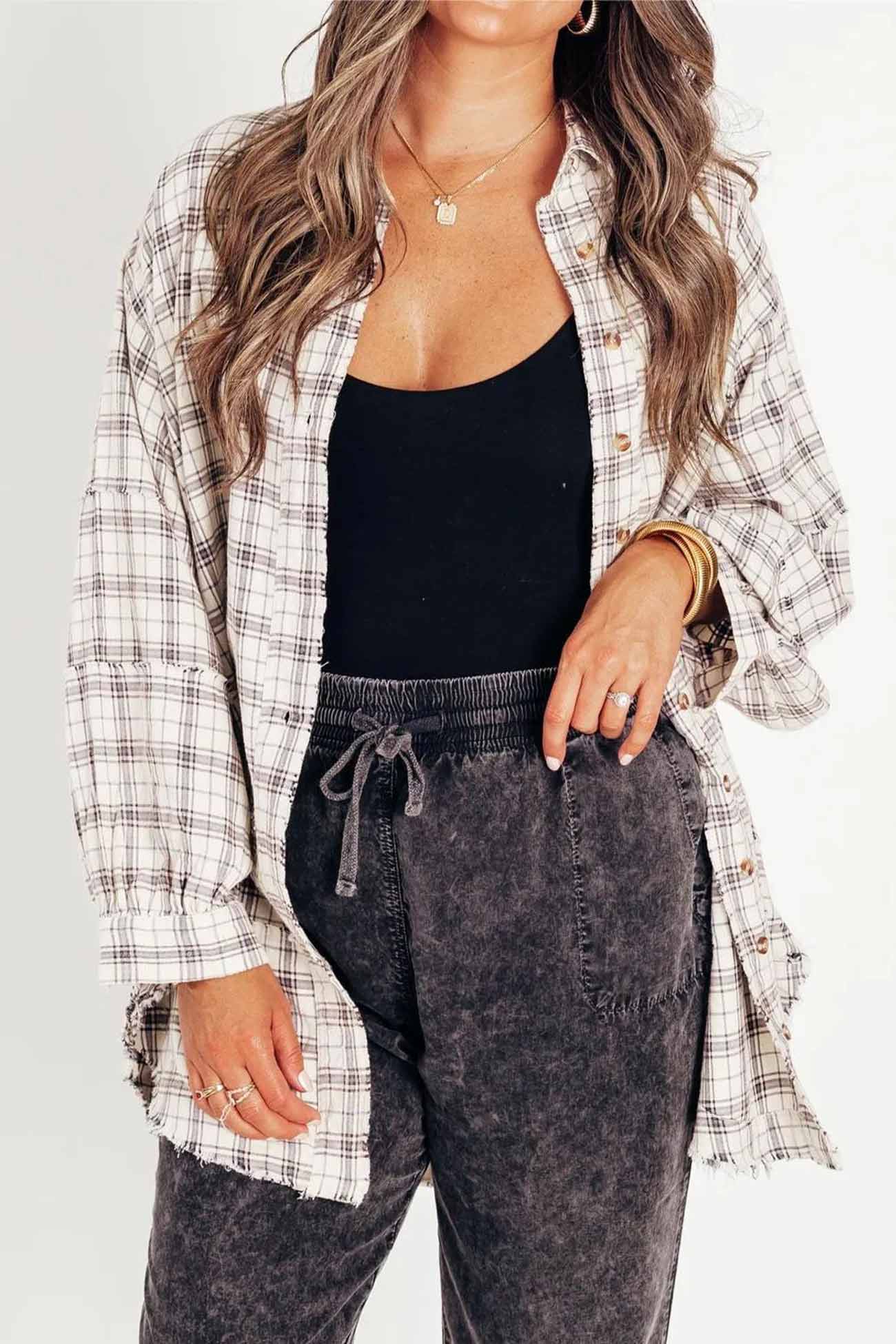 Plaid Button Down Fringed Slit Hem Blouse