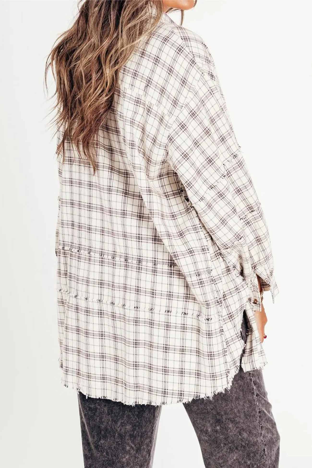 Plaid Button Down Fringed Slit Hem Blouse