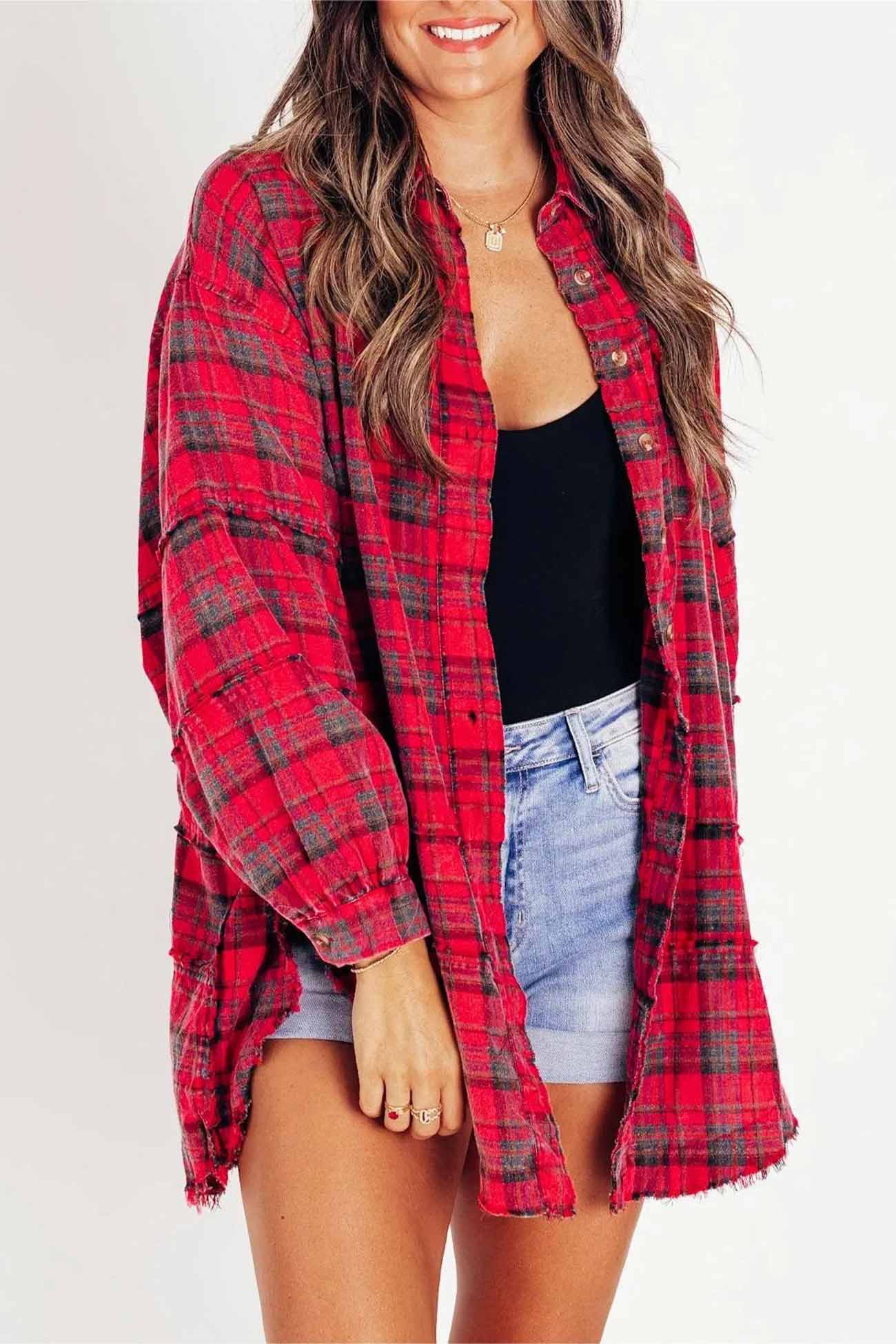 Plaid Button Down Fringed Slit Hem Blouse